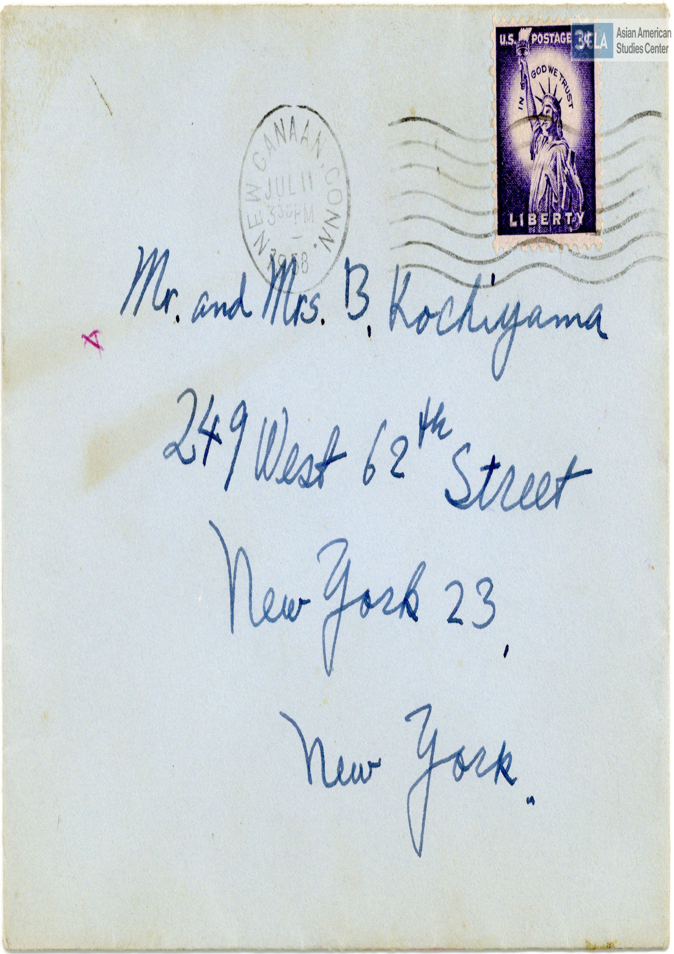 Envelope addressed to Bill and Yuri Kochiyama. Postmarked on July 11, 1958.