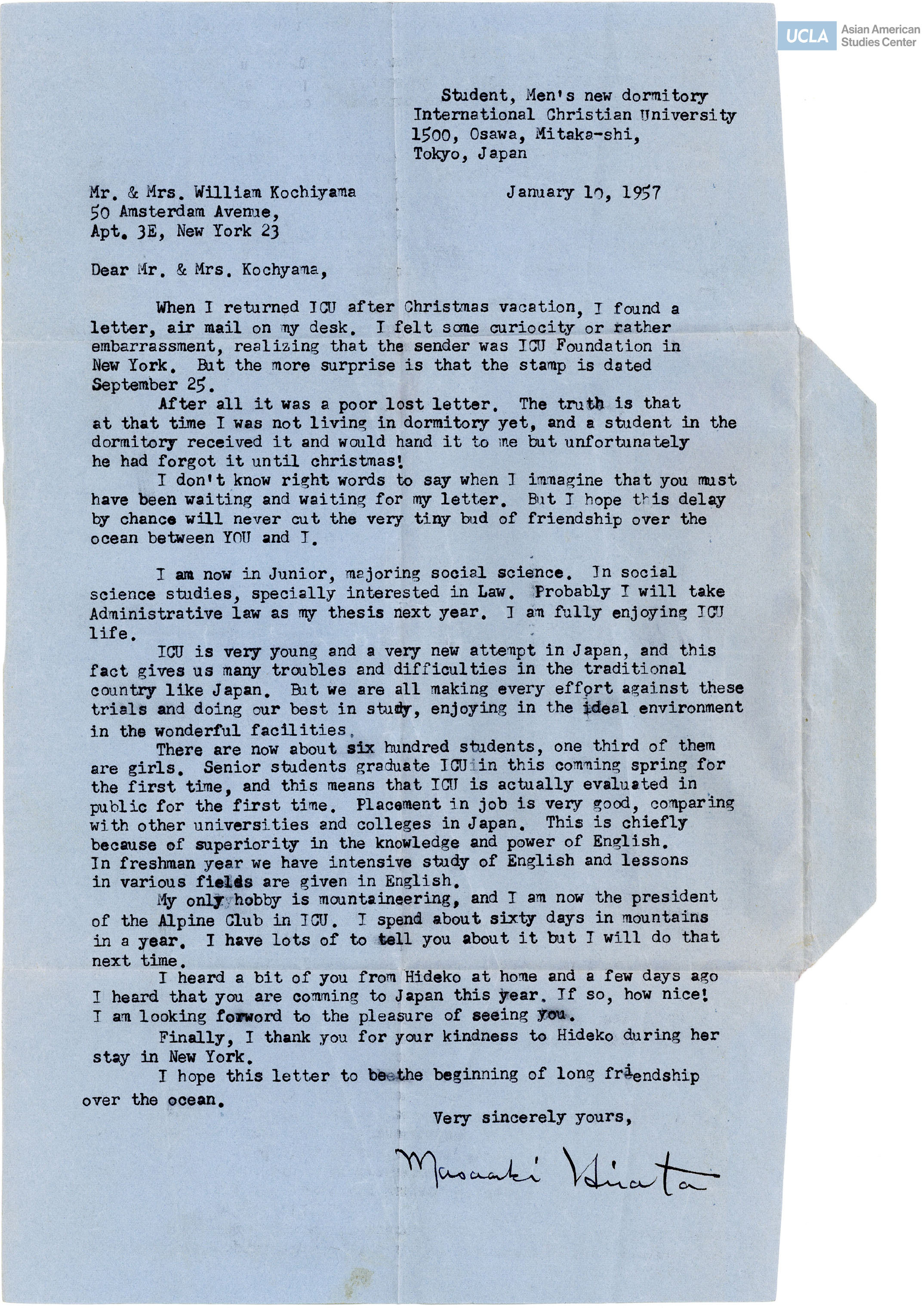 Response letter addressed to Bill and Yuri Kochiyama.