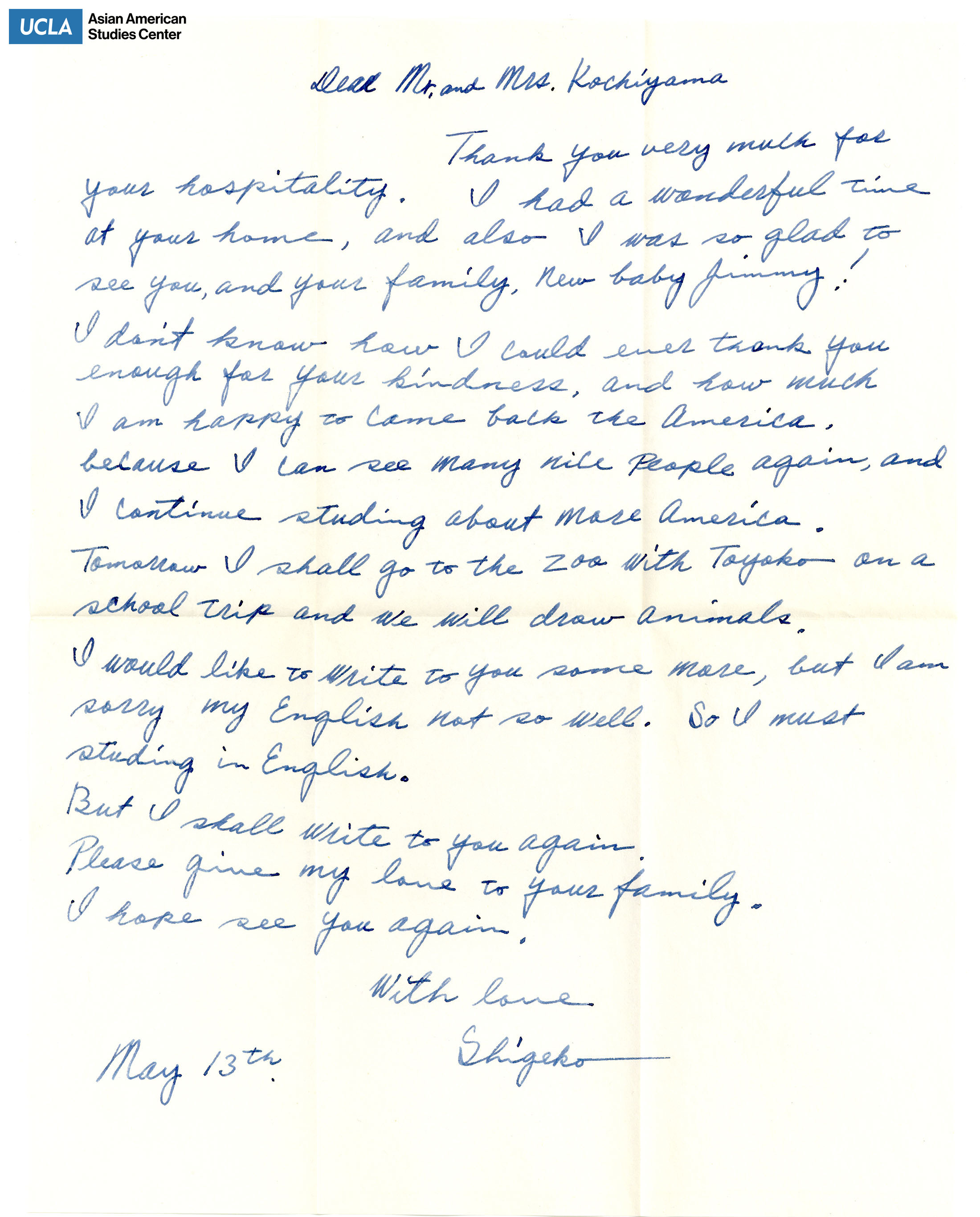 Letter of thanks for hospitality addressed to Bill and Yuri Kochiyama.