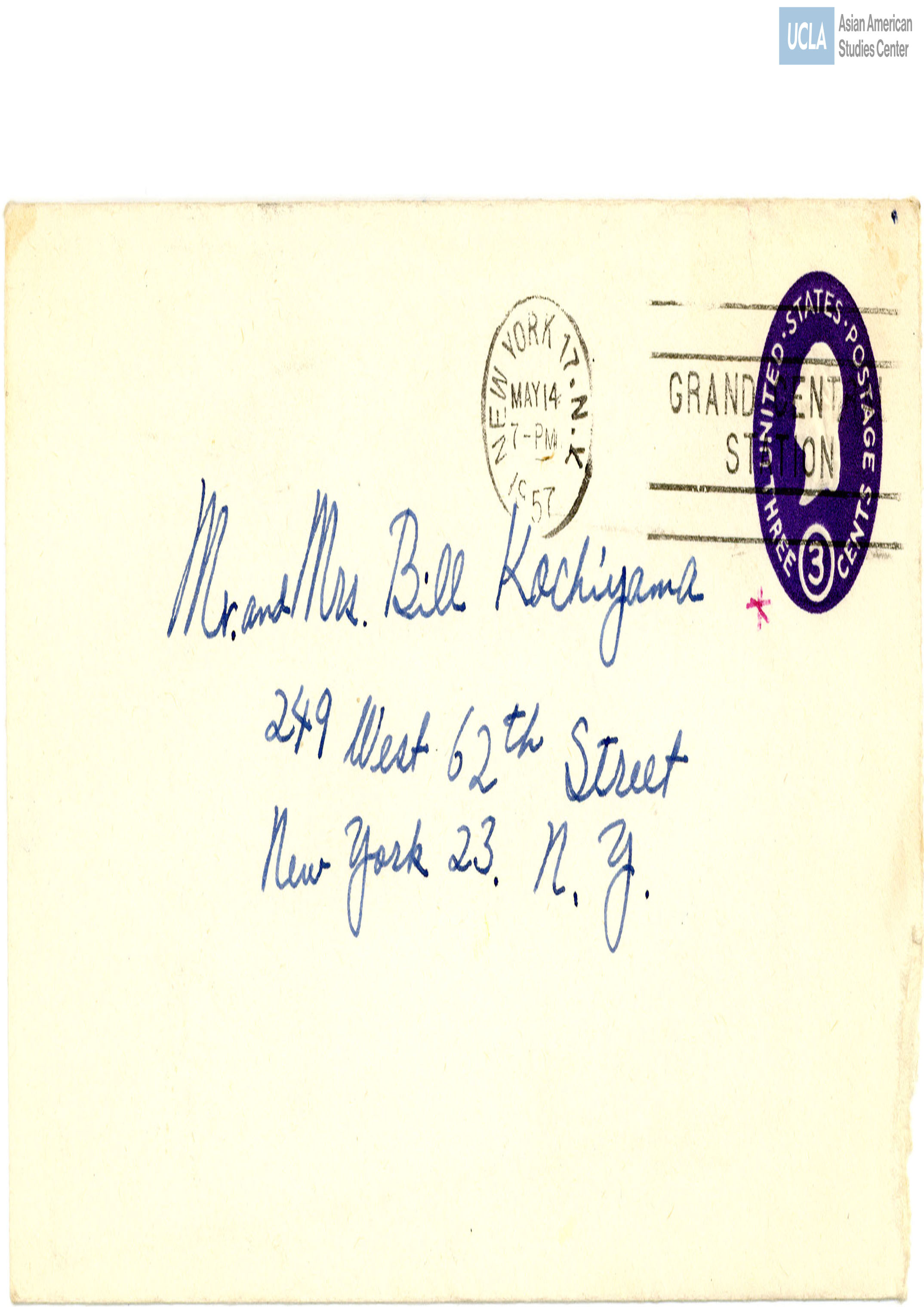 Envelope addressed to Bill and Yuri Kochiyama. Postmarked on May 14, 1957.