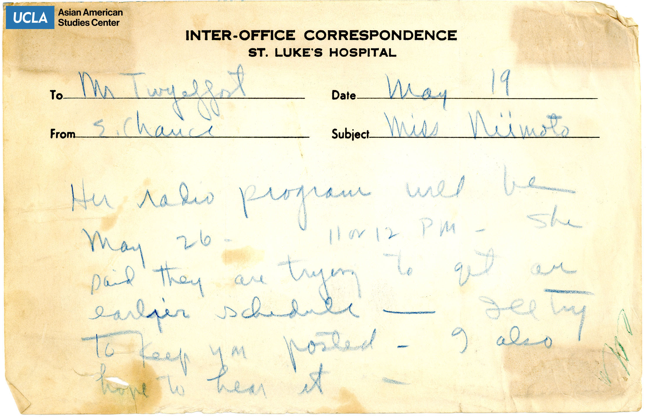Note regarding inter-office correspondence at St. Luke's Hospital on Shigeko Niimoto.