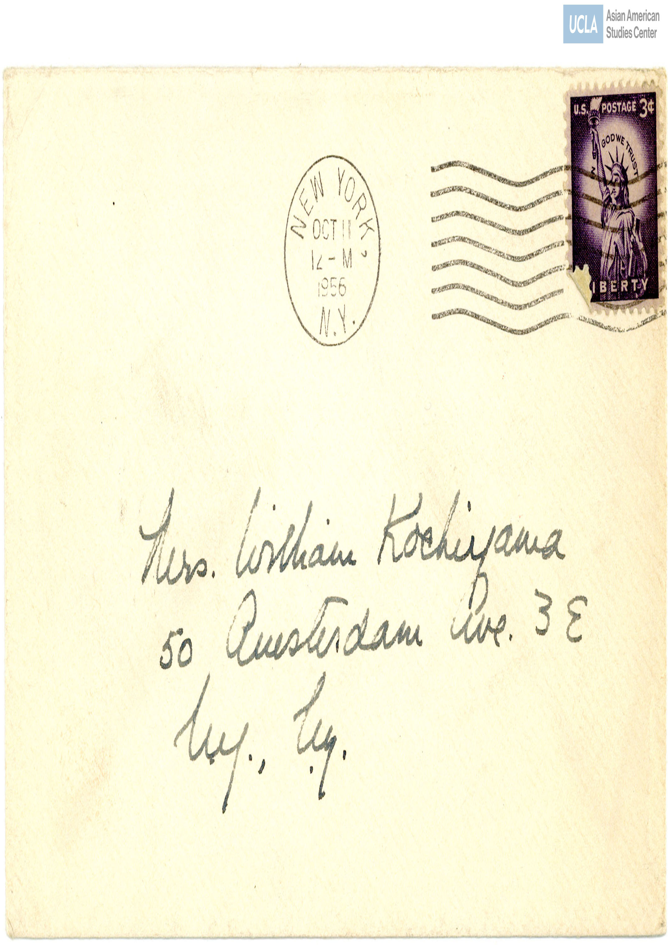 Envelope addressed to William (Bill) Kochiyama. Postmarked on October 11, 1956.