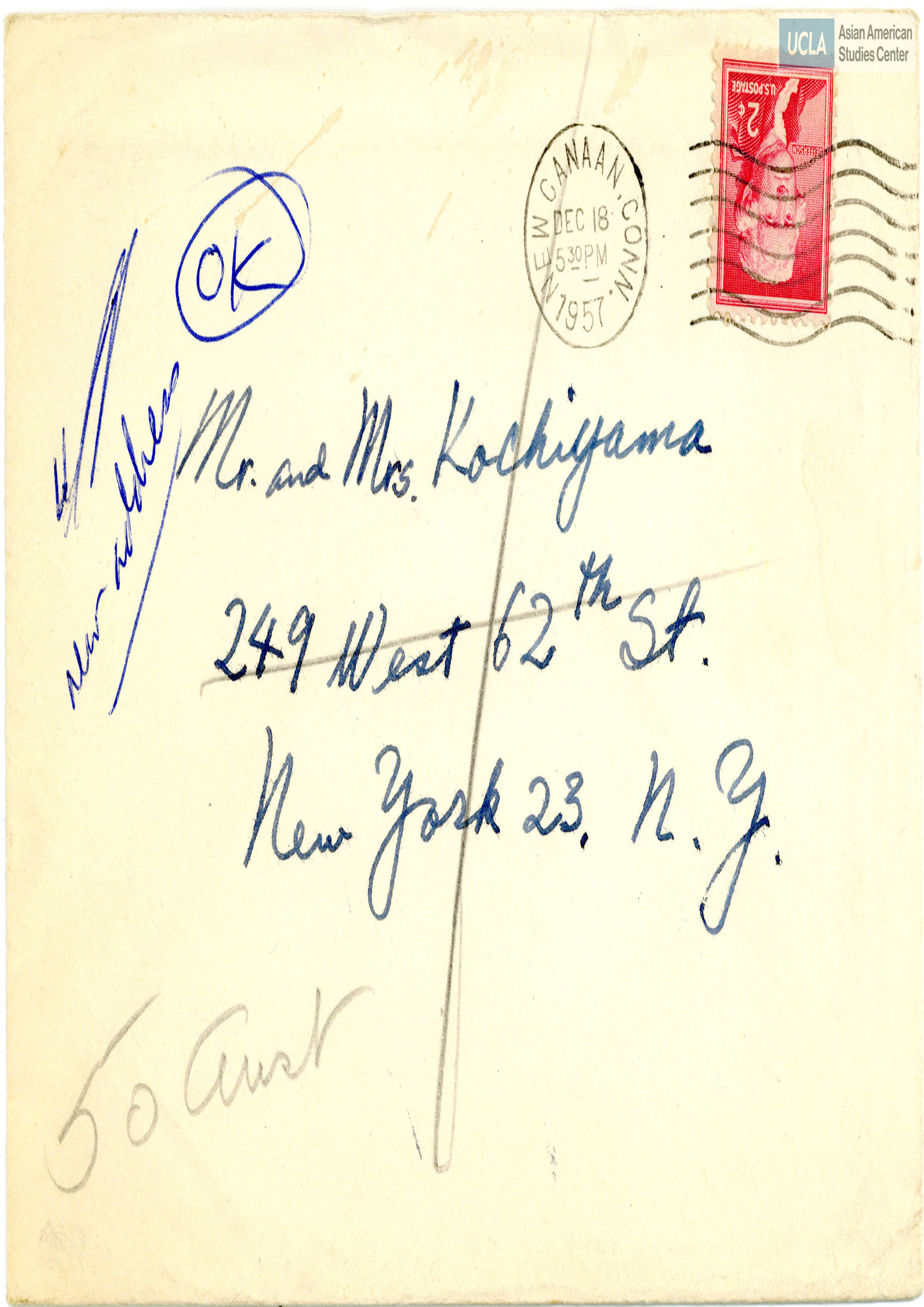Envelope addressed to Bill and Yuri Kochiyama. Postmarked on December 18, 1957.
