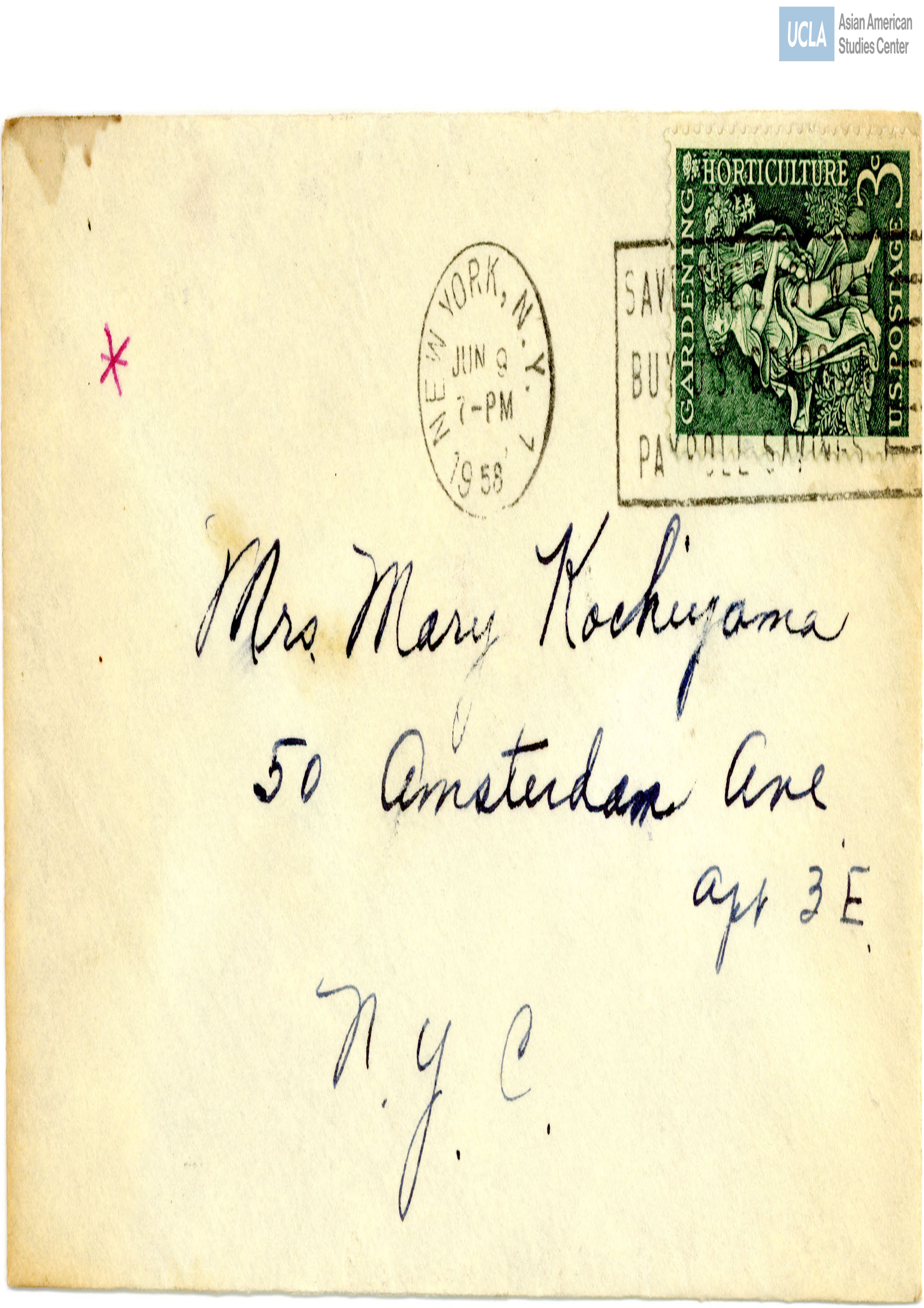Envelope addressed to Yuri Kochiyama. Postmarked June 9, 1958.