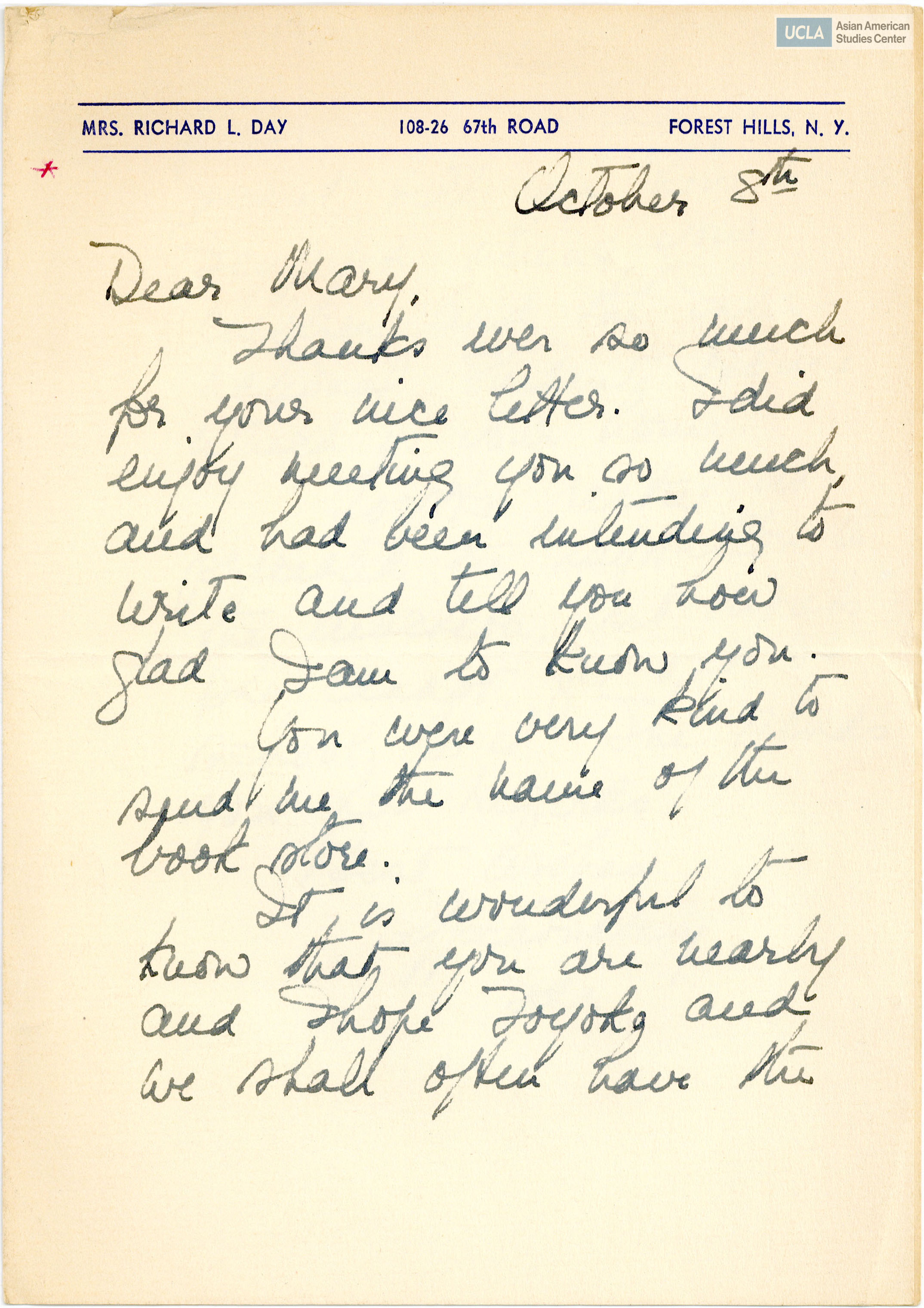 Response letter addressed to Yuri Kochiyama on meeting one another.