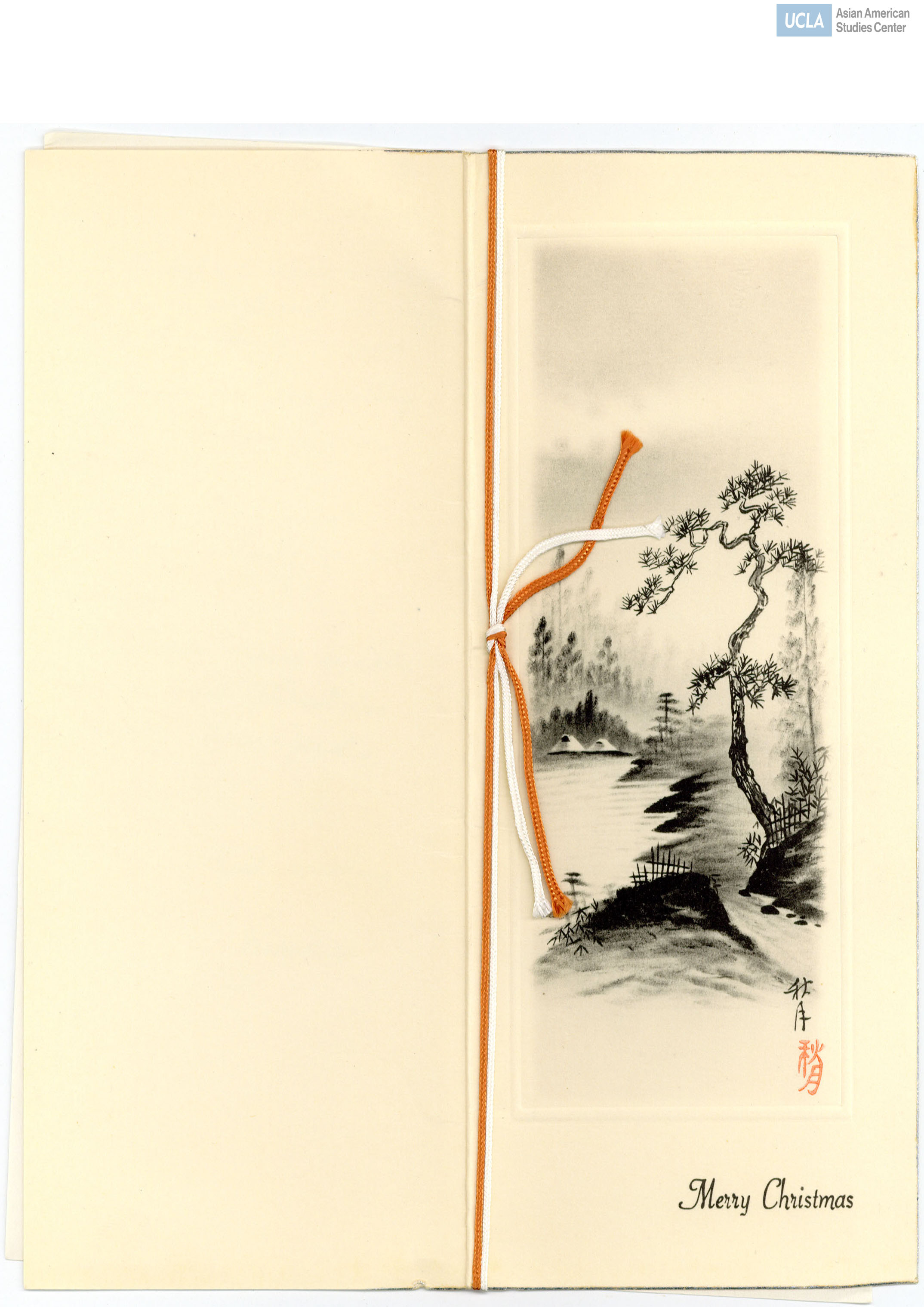 Christmas card addressed to Bill and Yuri Kochiyama. Cover of card includes a drawing of trees and water.