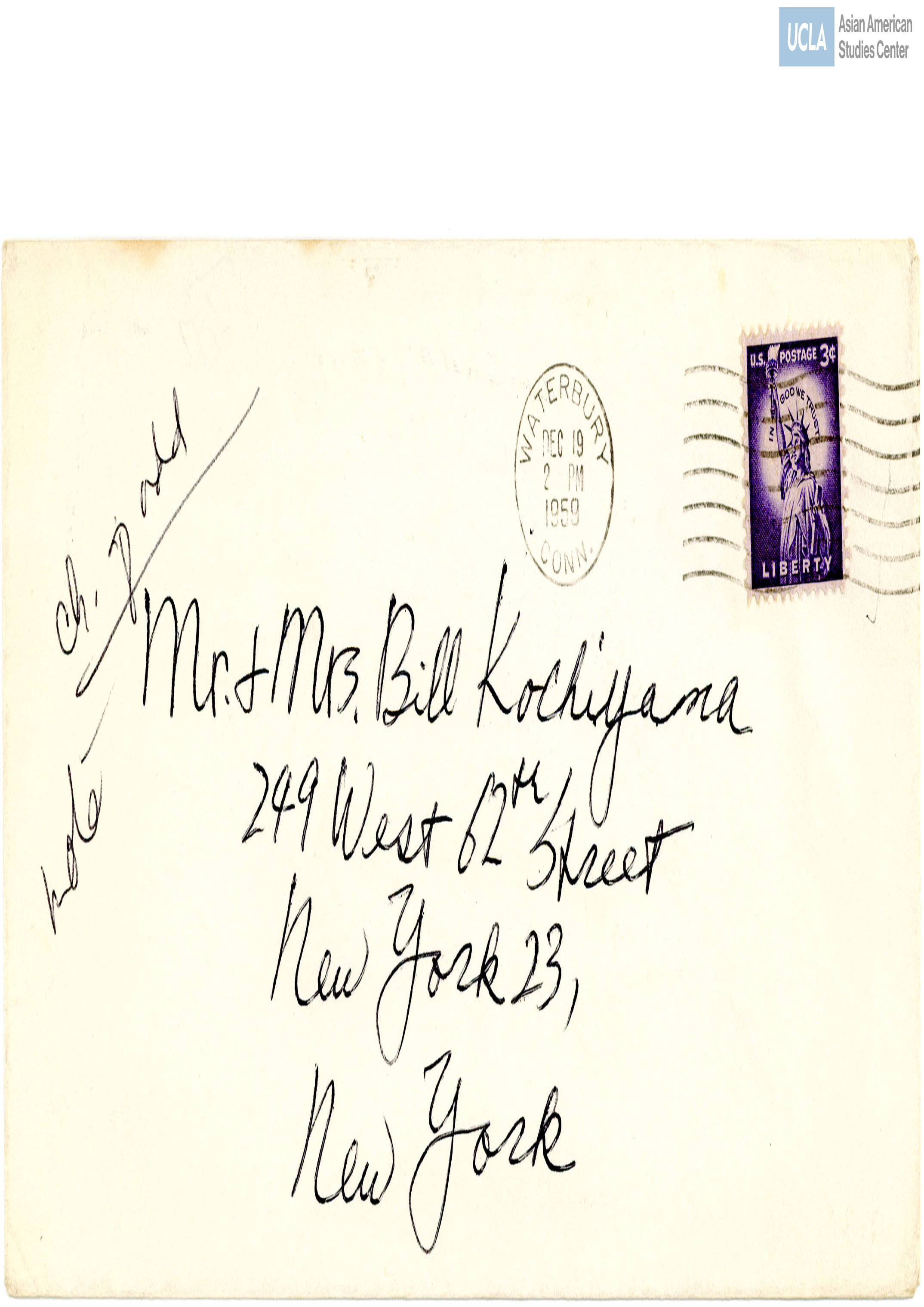 Envelope addressed to Yuri and Bill Kochiyama. Postmarked on December 19, 1959.