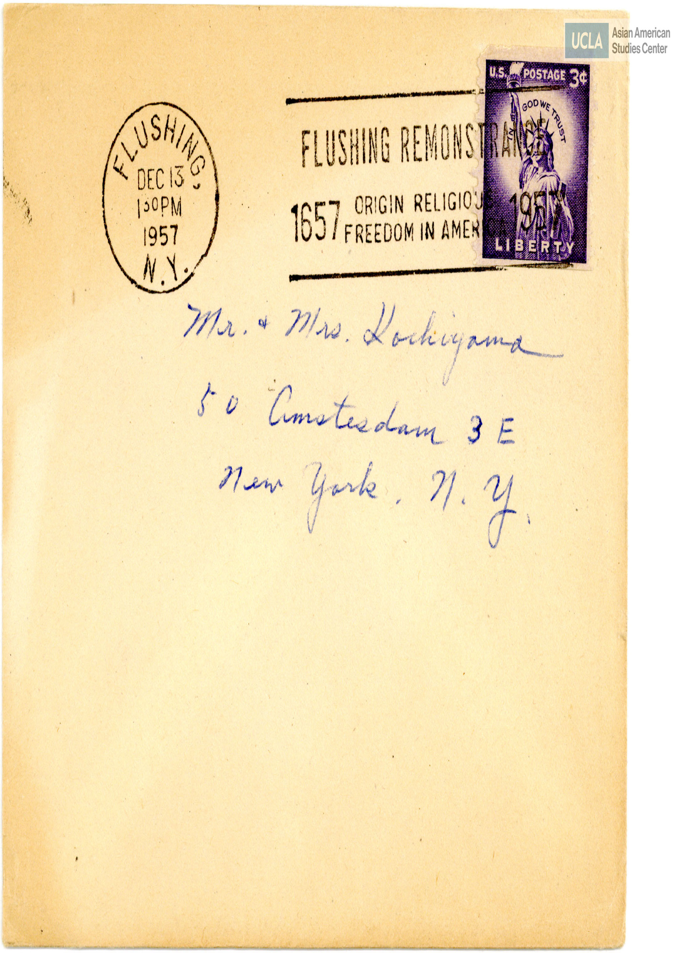 Envelope addressed to Bill and Yuri Kochiyama. Postmarked on December 13, 1957.
