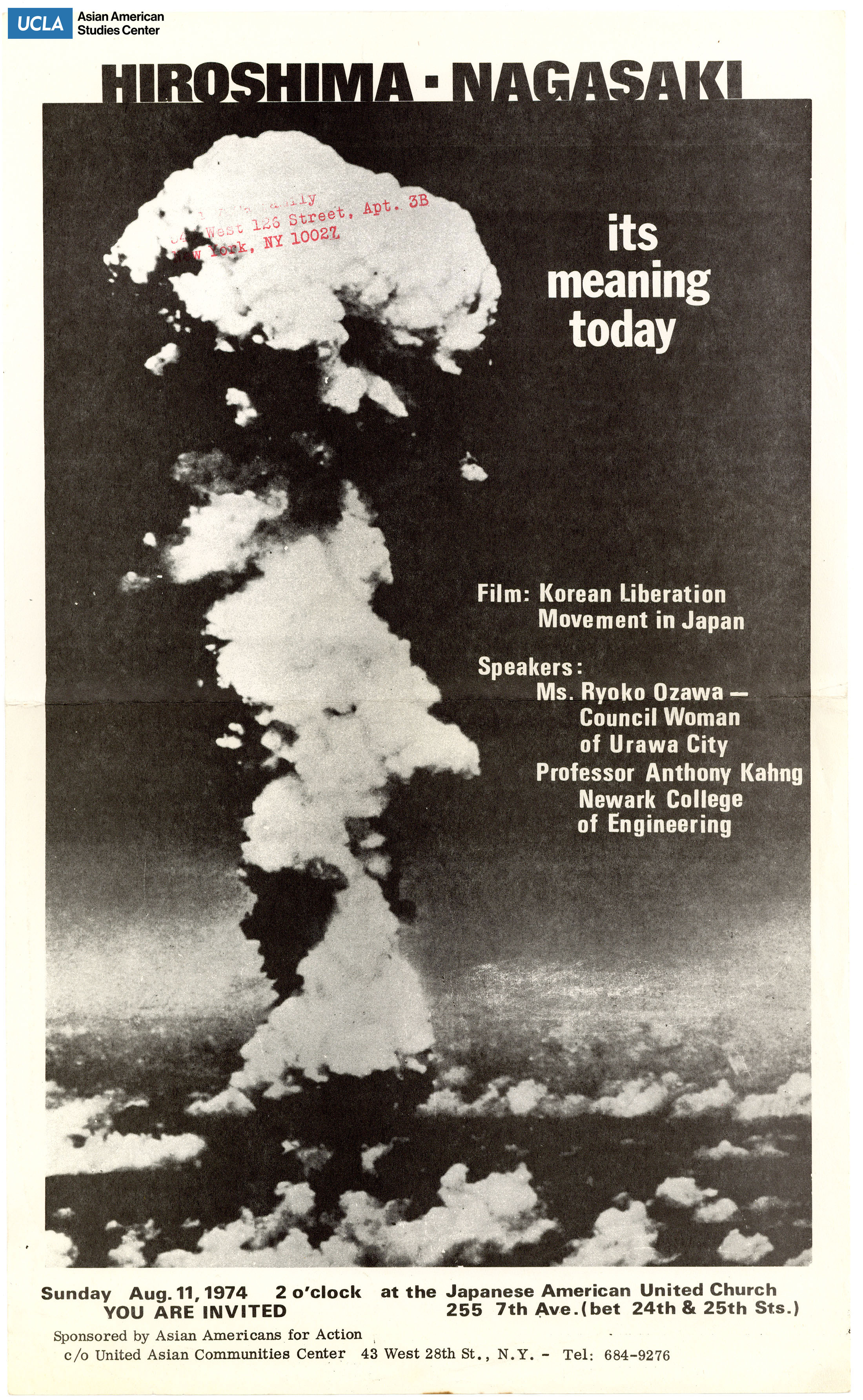 Flyer regarding event on Hiroshima-Nagasaki Day. Event includes, 