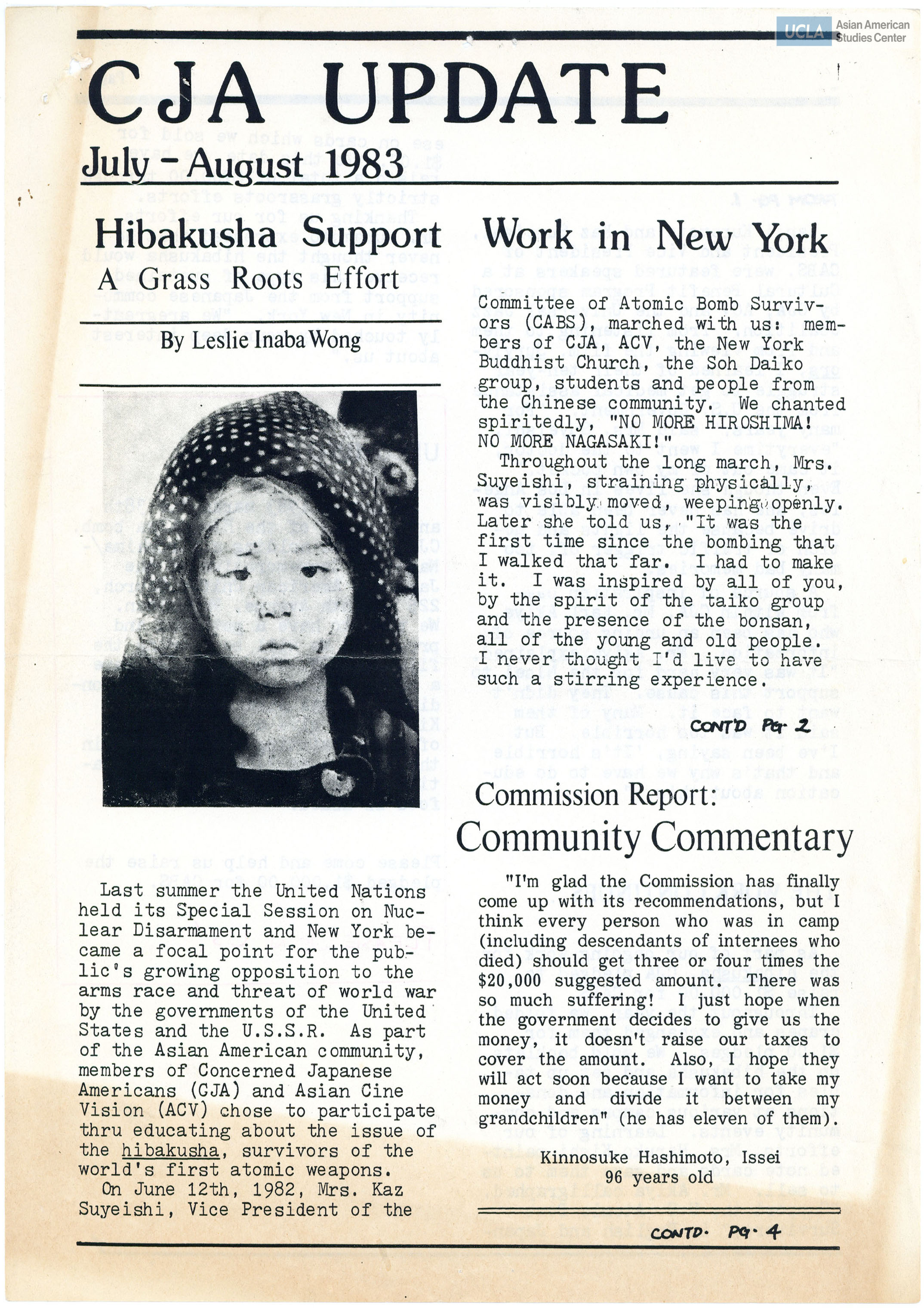 Concerned Japanese Americans newsletter on Hiroshima-Nagasaki Day and raising support for hibakushas in New York.