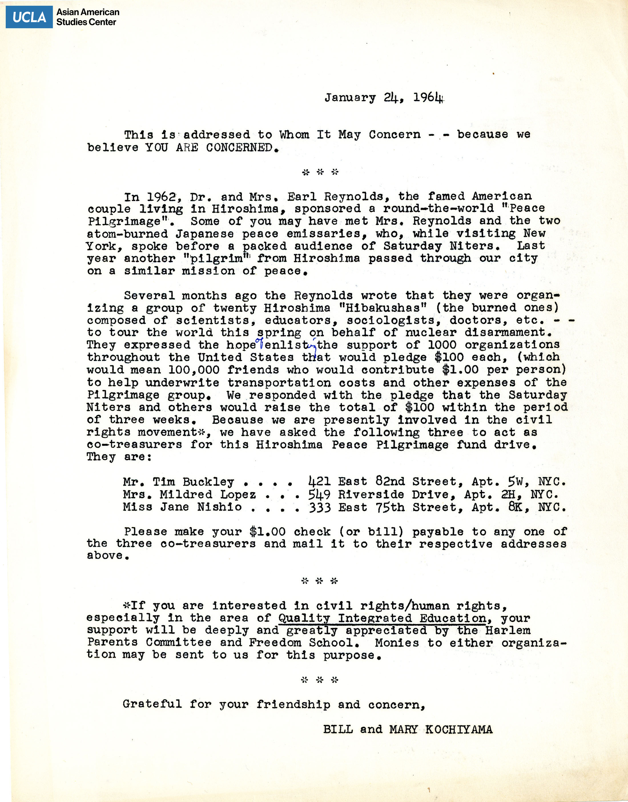 Letter regarding donating to the Hiroshima Peace Pilgrimage fund drive.