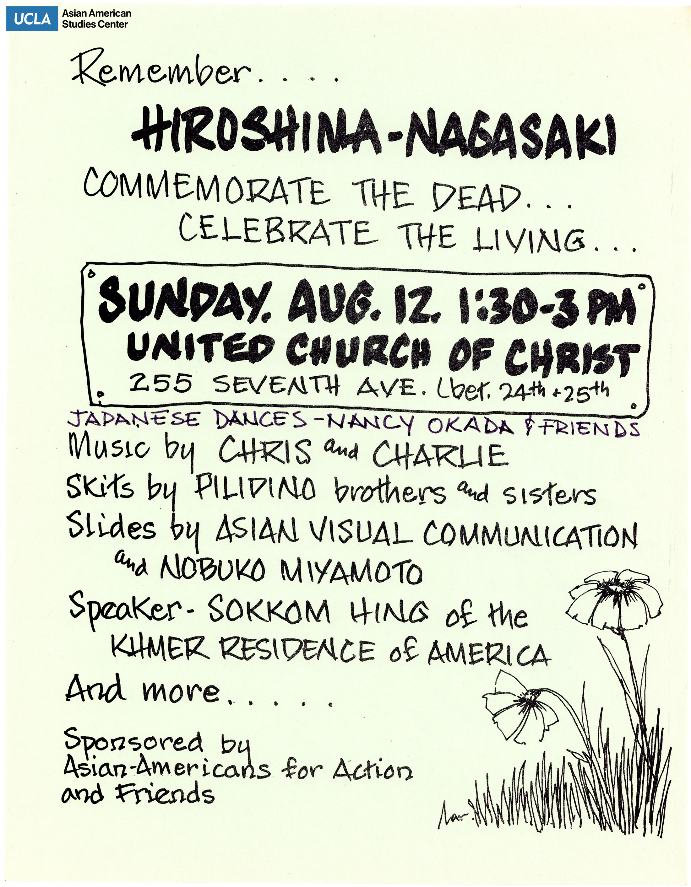 Flyer regarding an event for the Hiroshima-Nagasaki commemoration. Titled, 