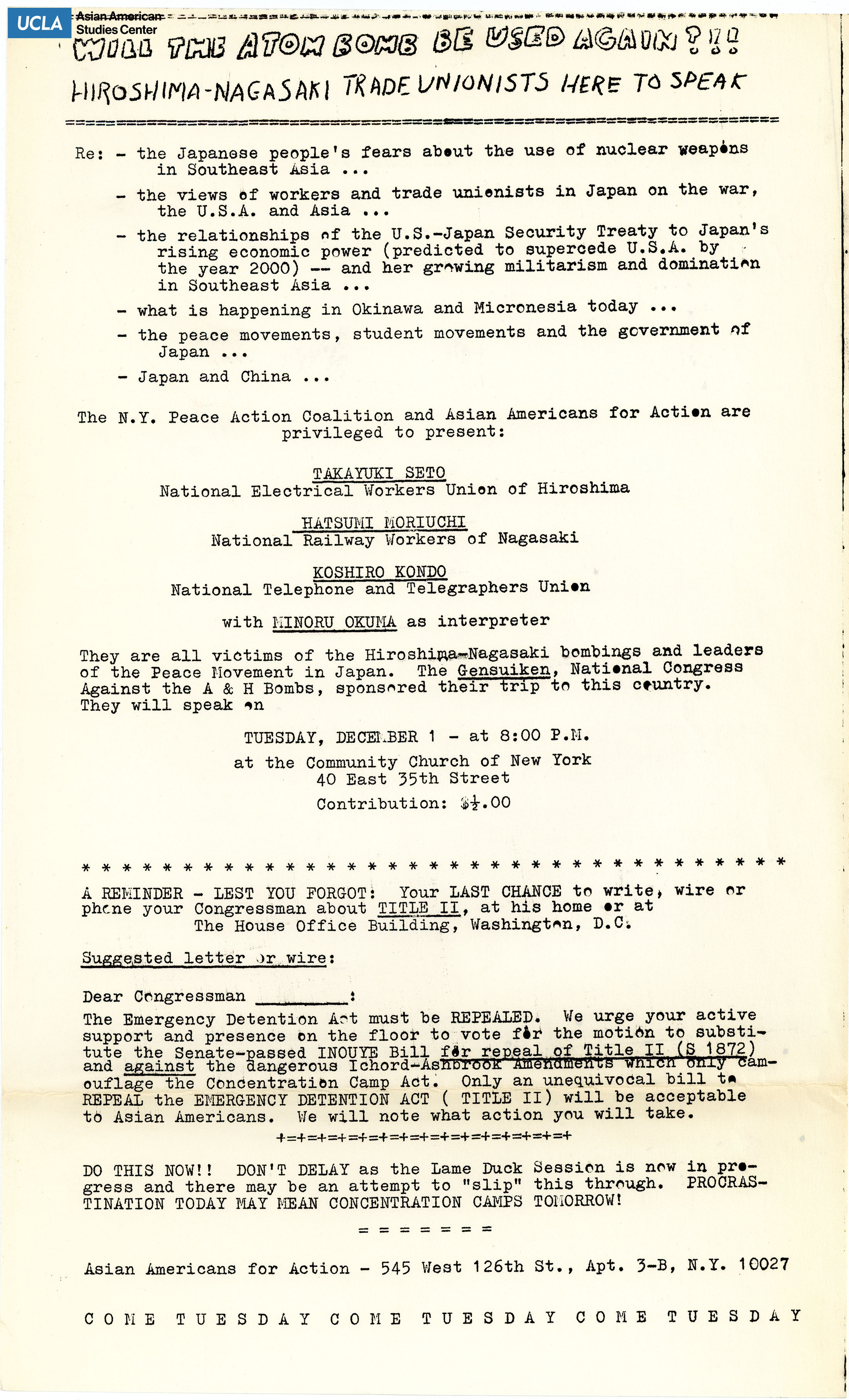 Flyer regarding the disarmament of nuclear weapons and fears of nuclear war in Southeast Asia.