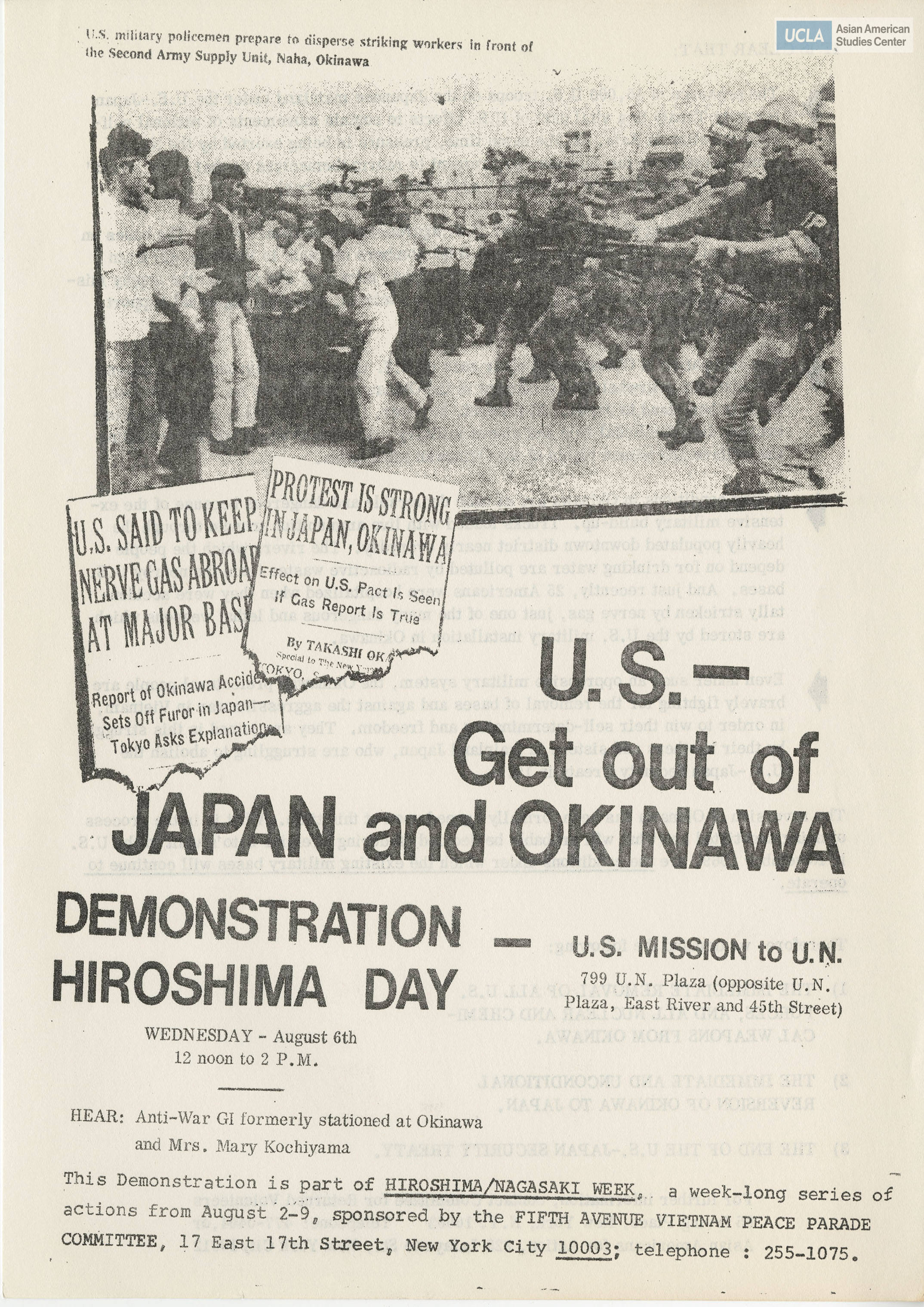 Flyer regarding a demonstration on Hiroshima Day and a list of demands.