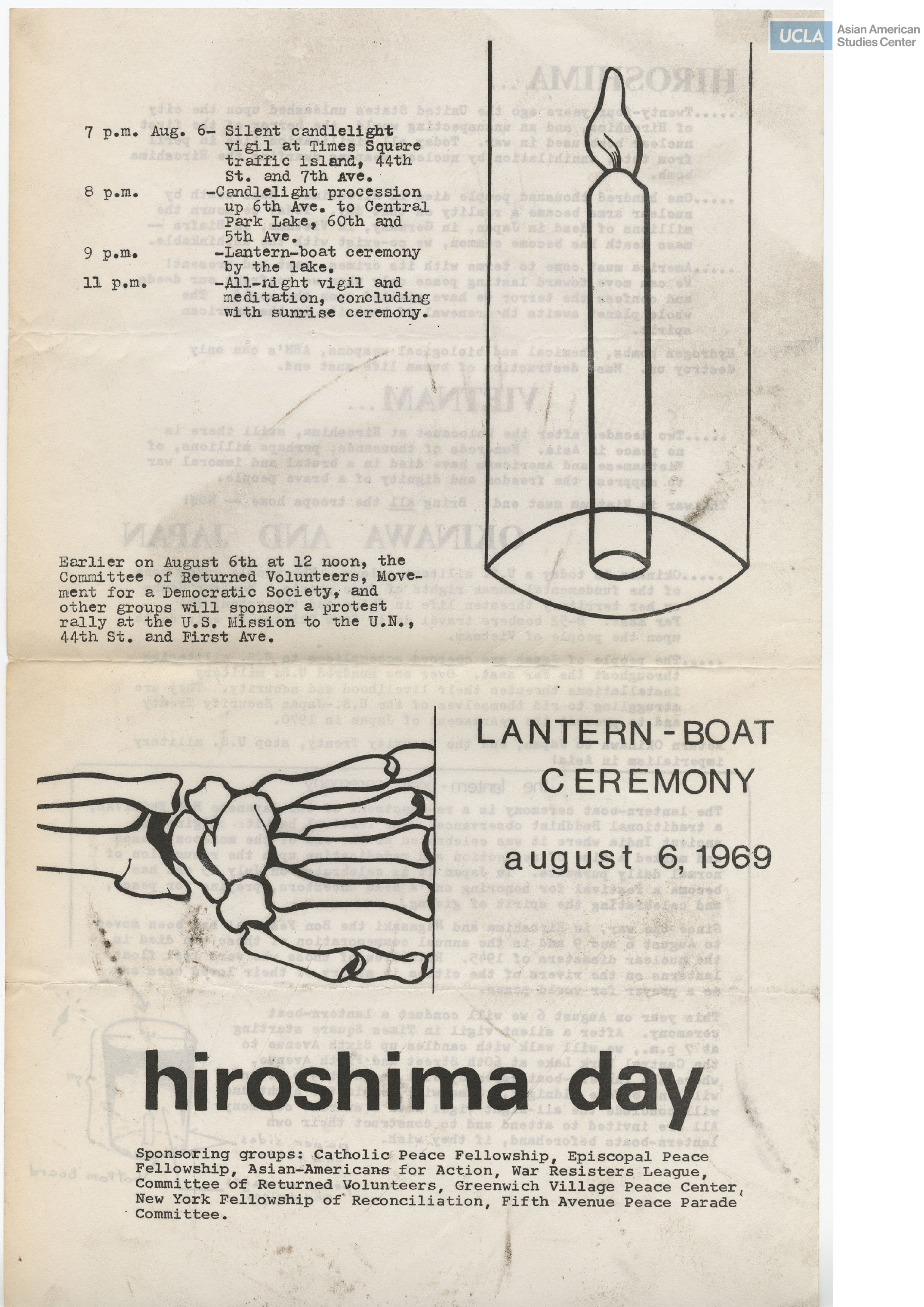 Flyer regarding a lantern-boat ceremony on Hiroshima Day.