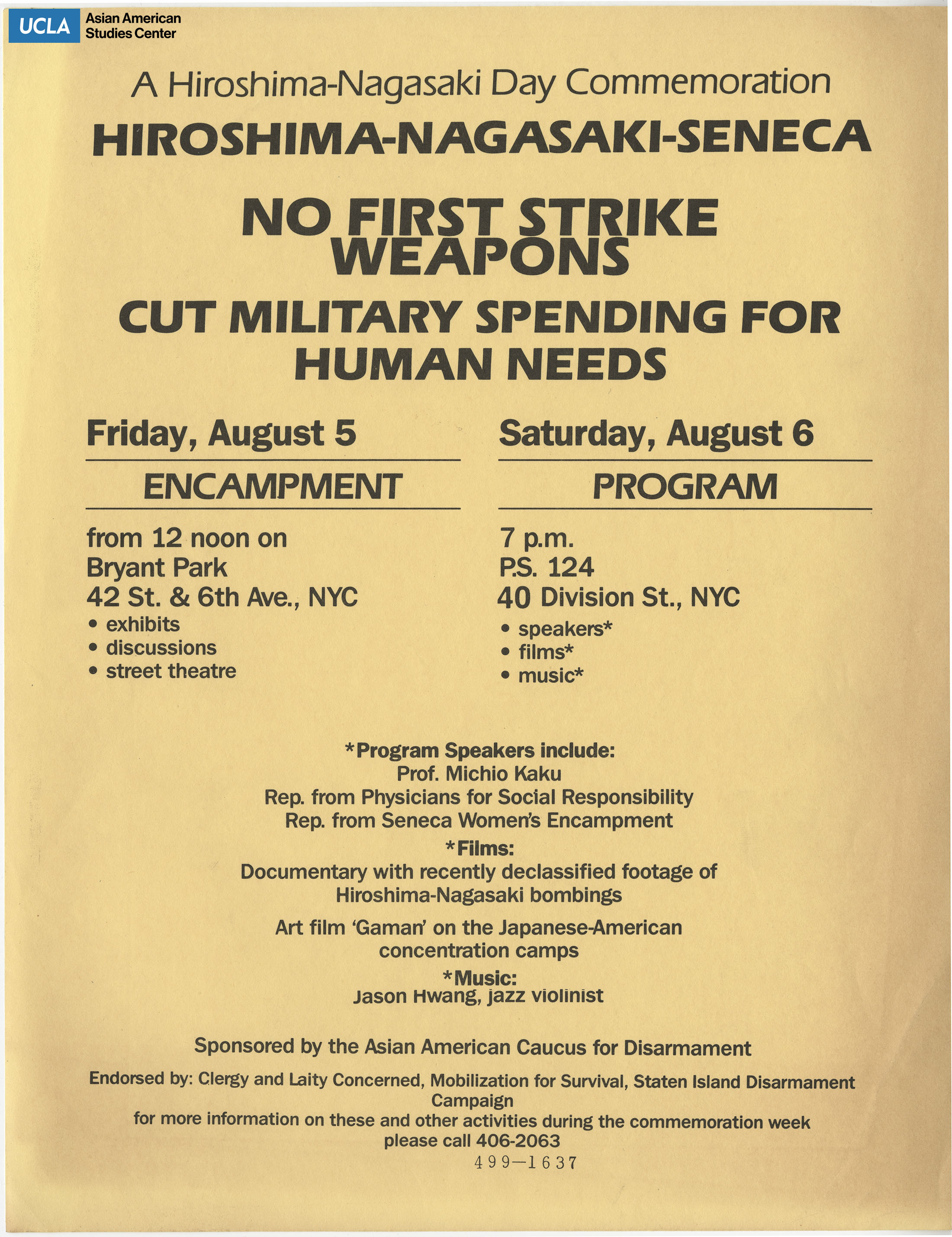 Flyer regarding Hiroshima-Nagasaki Day commemoration. Includes title: 