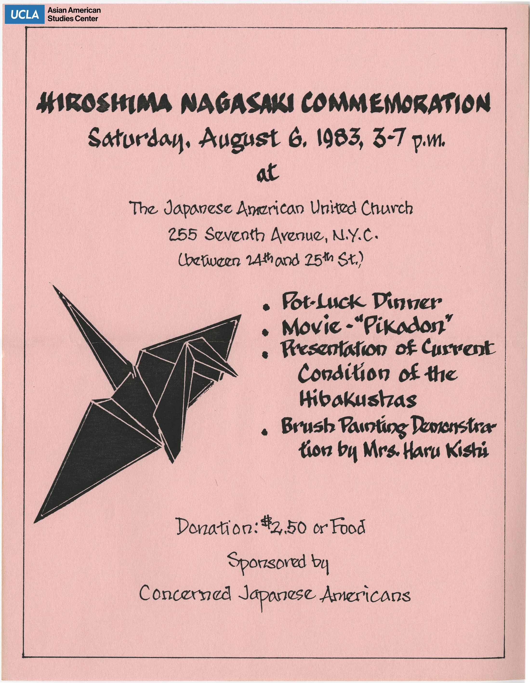 Flyer regarding Hiroshima-Nagasaki Day commemoration. Sponsored by Concerned Japanese Americans.