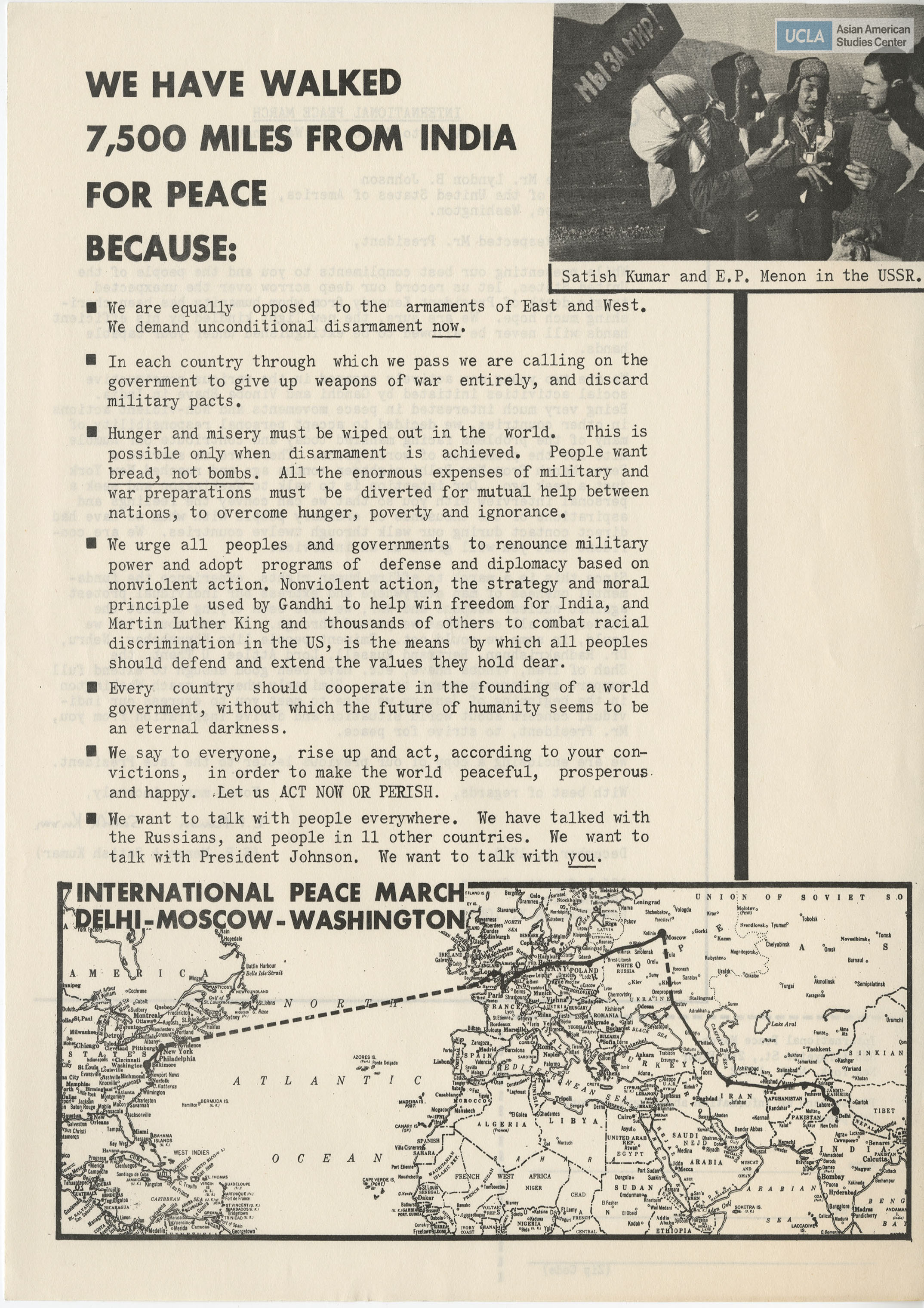 Flyer regarding on an international peace march from Delhi, India to Washington, D.C. Includes letter addressed to President Lyndon B. Johnson on the international peace march.