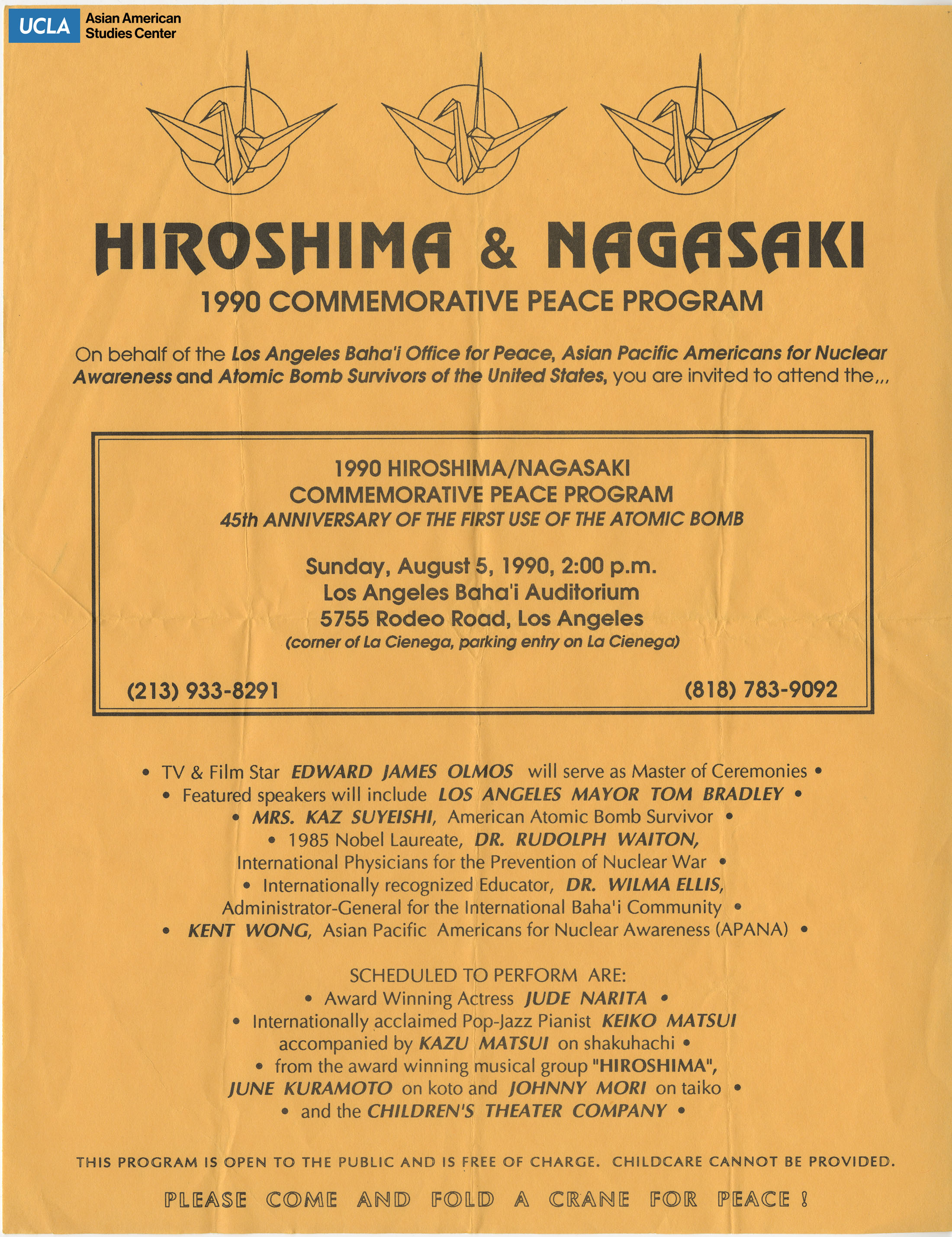 Flyer regarding the 1990 Hiroshima-Nagasaki Commemorative Peace Program event.