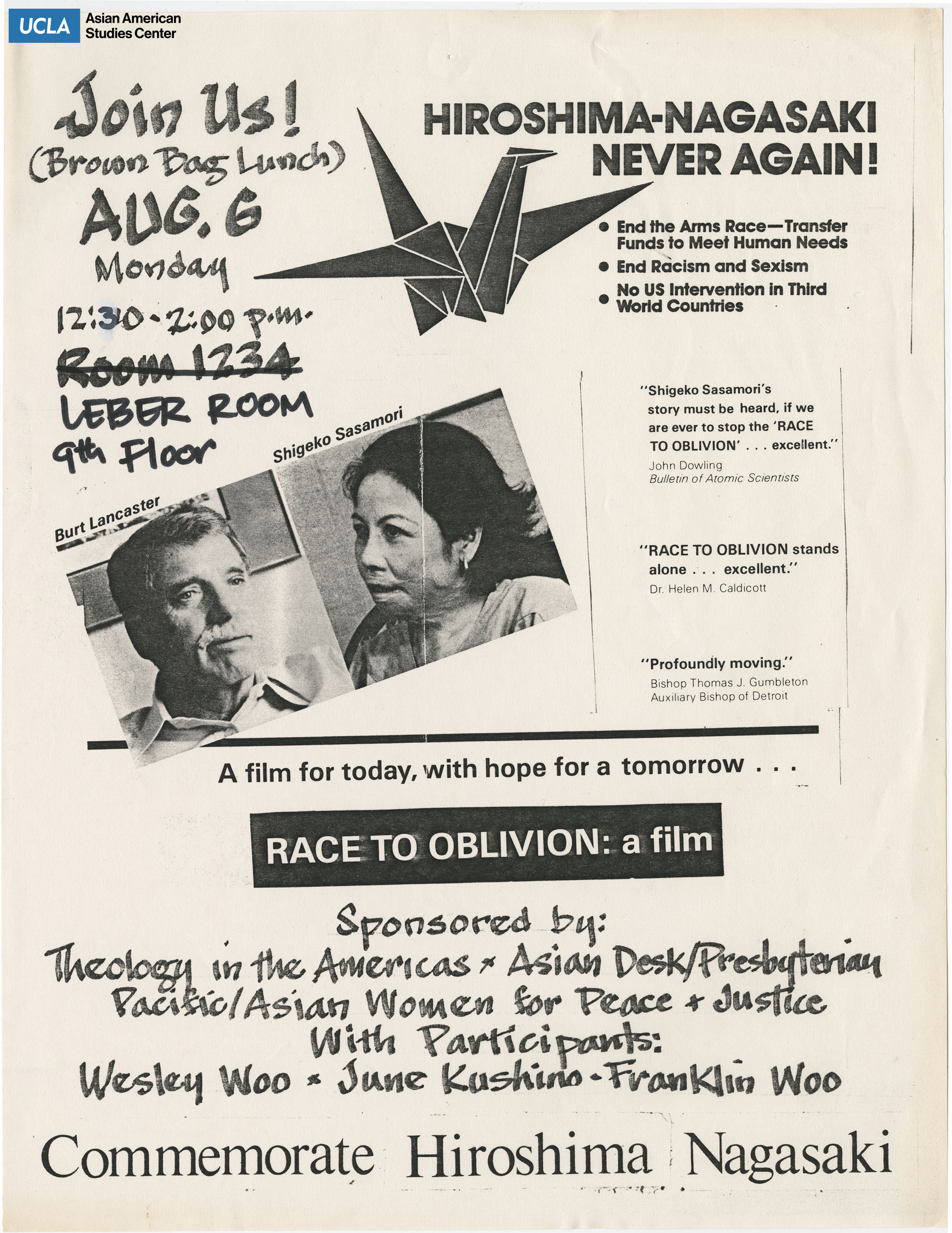 Flyer regarding Hiroshima-Nagasaki Day commemoration and film screening of 
