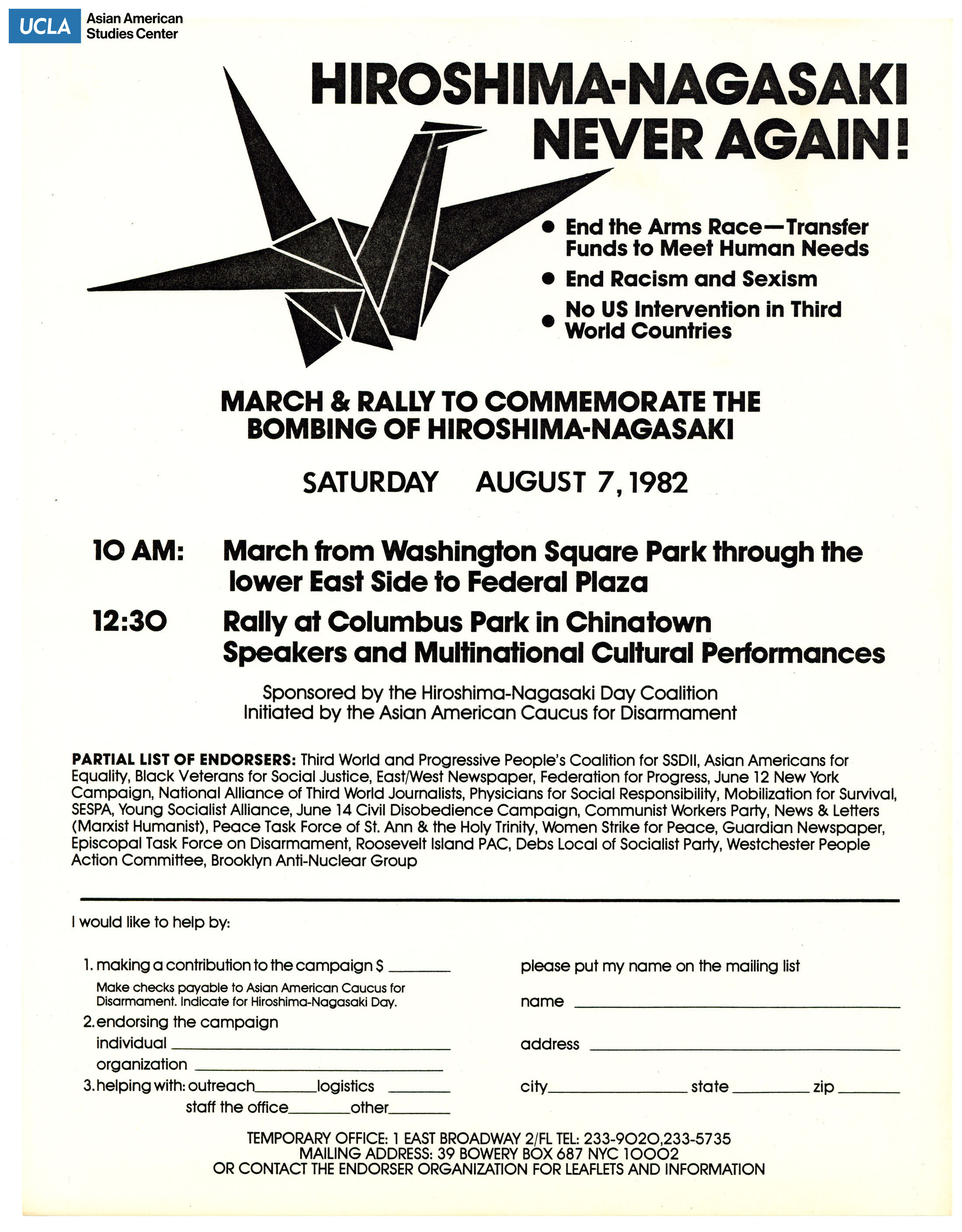 Flyer regarding commemoration of the Hiroshima-Nagasaki bombing. Includes blank form to get involved.