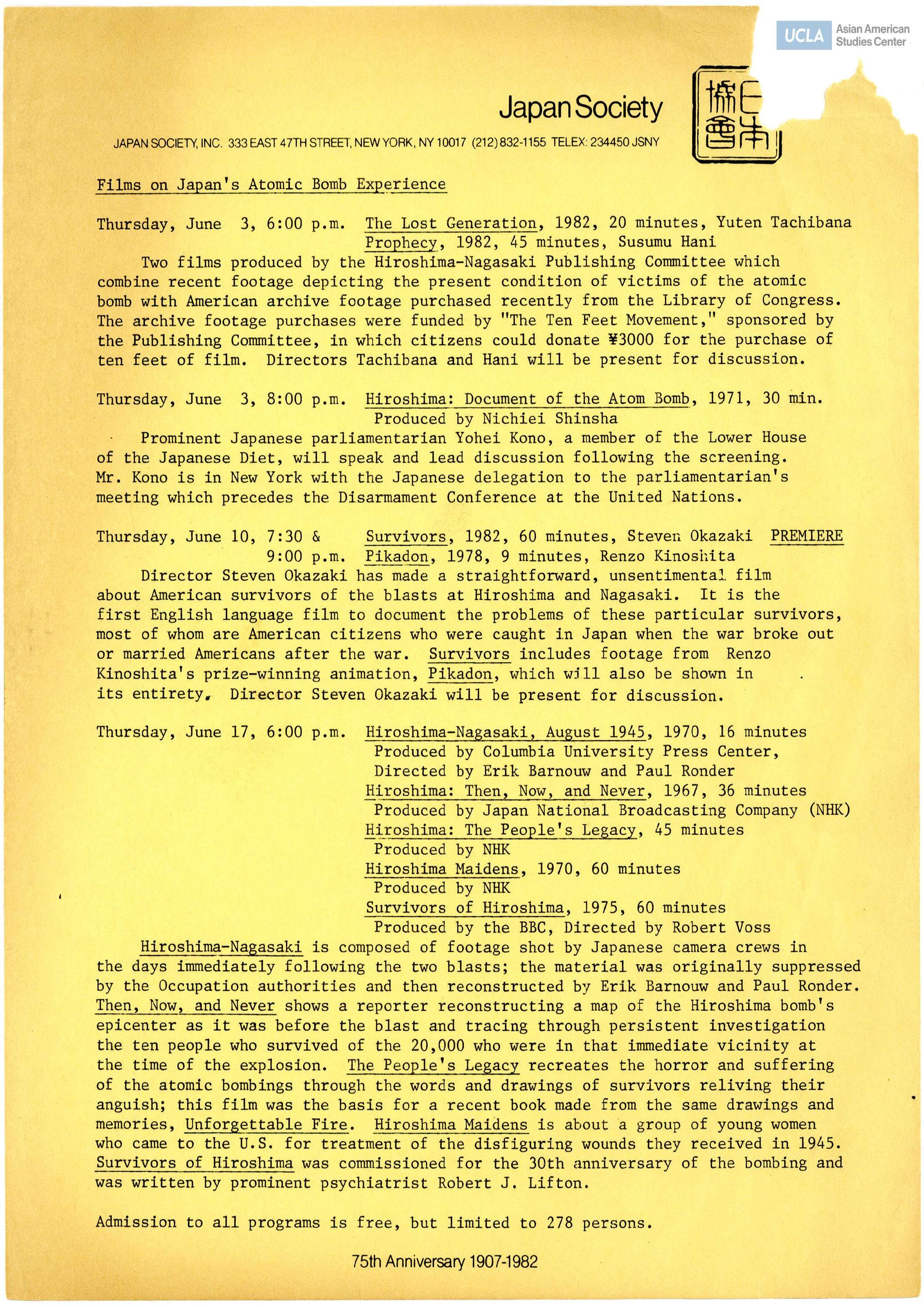 Pamphlet regarding various events centered around the commemoration of Hiroshima-Nagasaki Day.