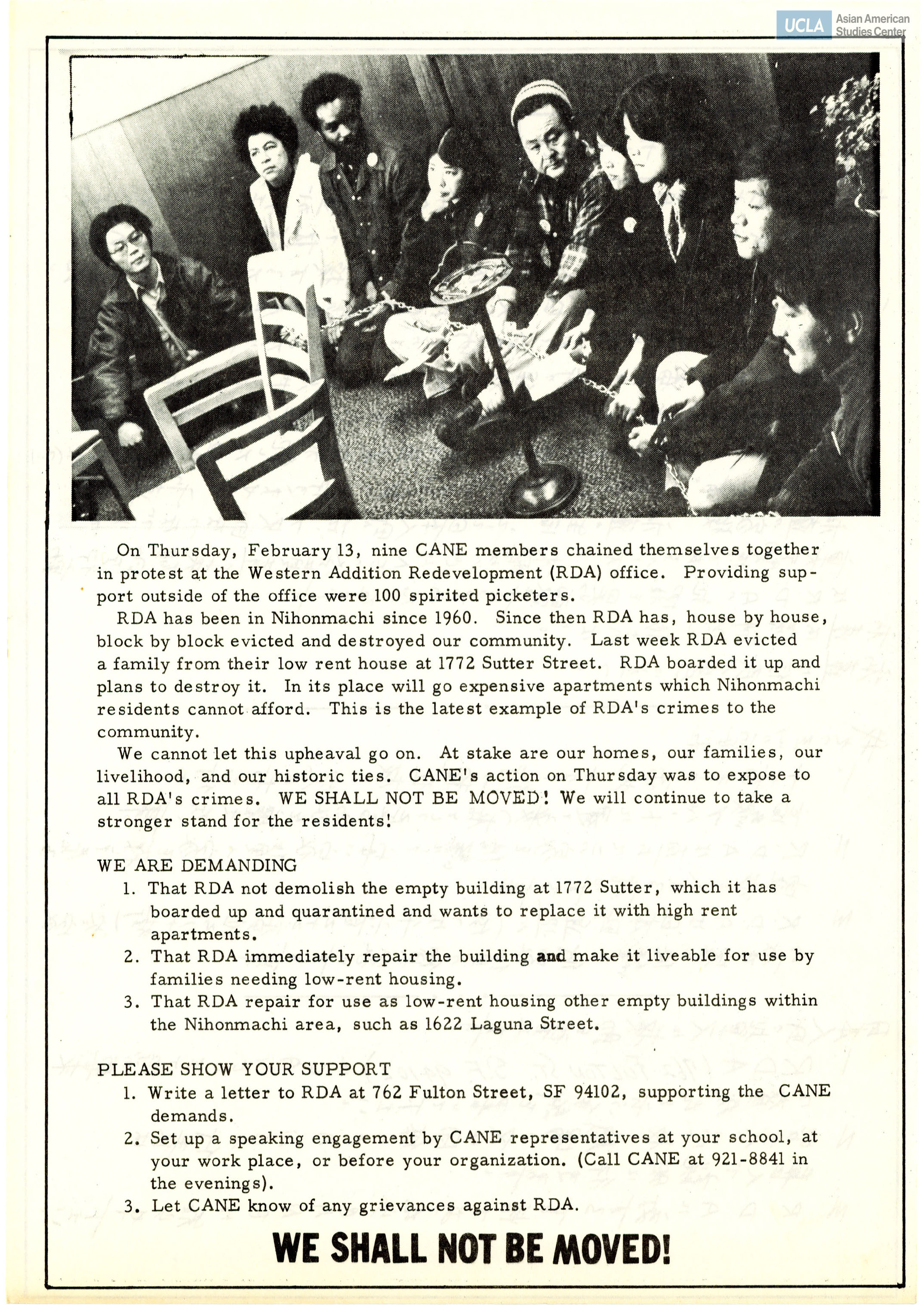 Flyer regarding nine CANE members chaining themselves in protest of the demolition of low-cost housing.
