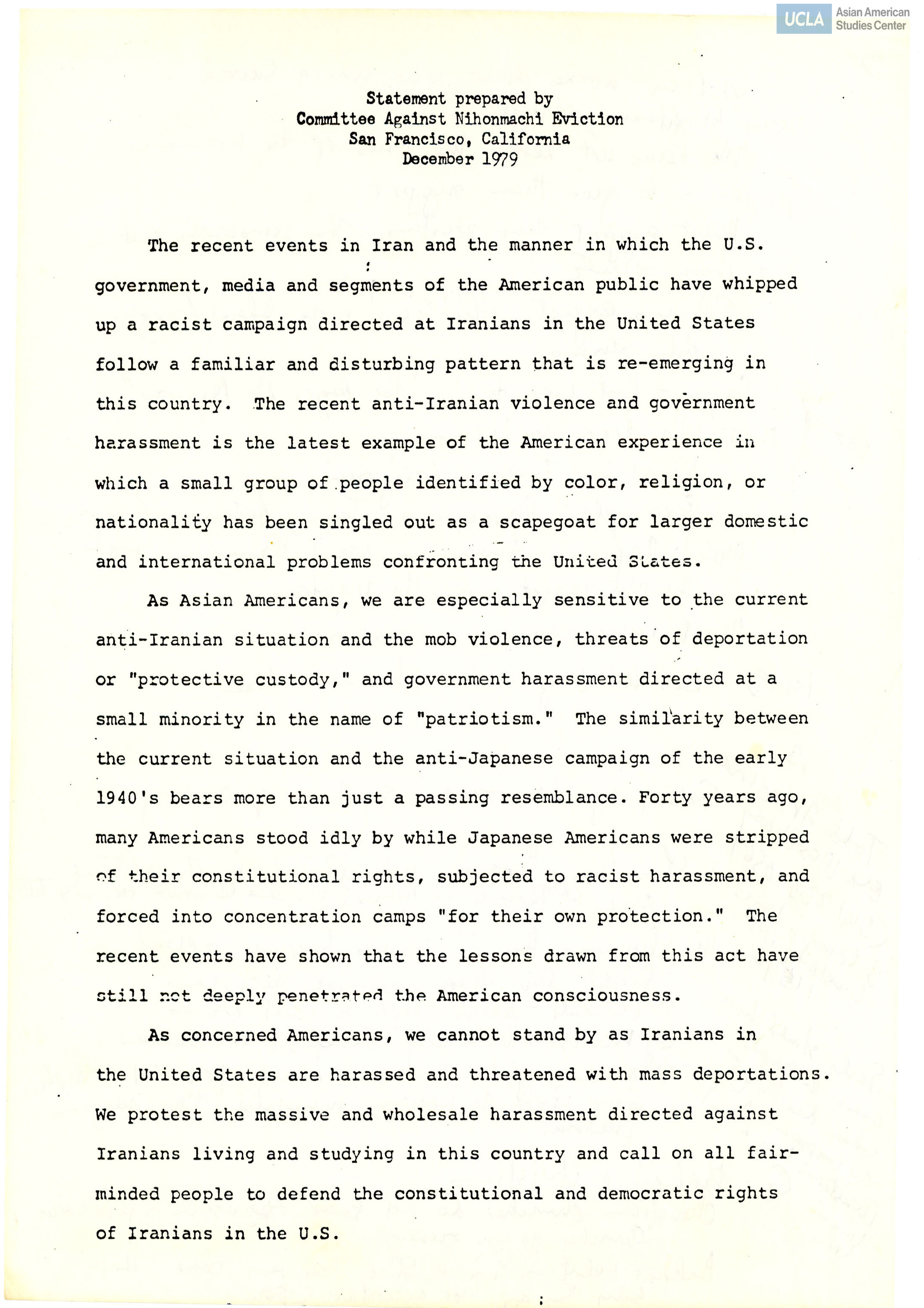 Statement regarding anti-Iranian rhetoric along with the comparisons on the treatment of Japanese Americans during World War II.