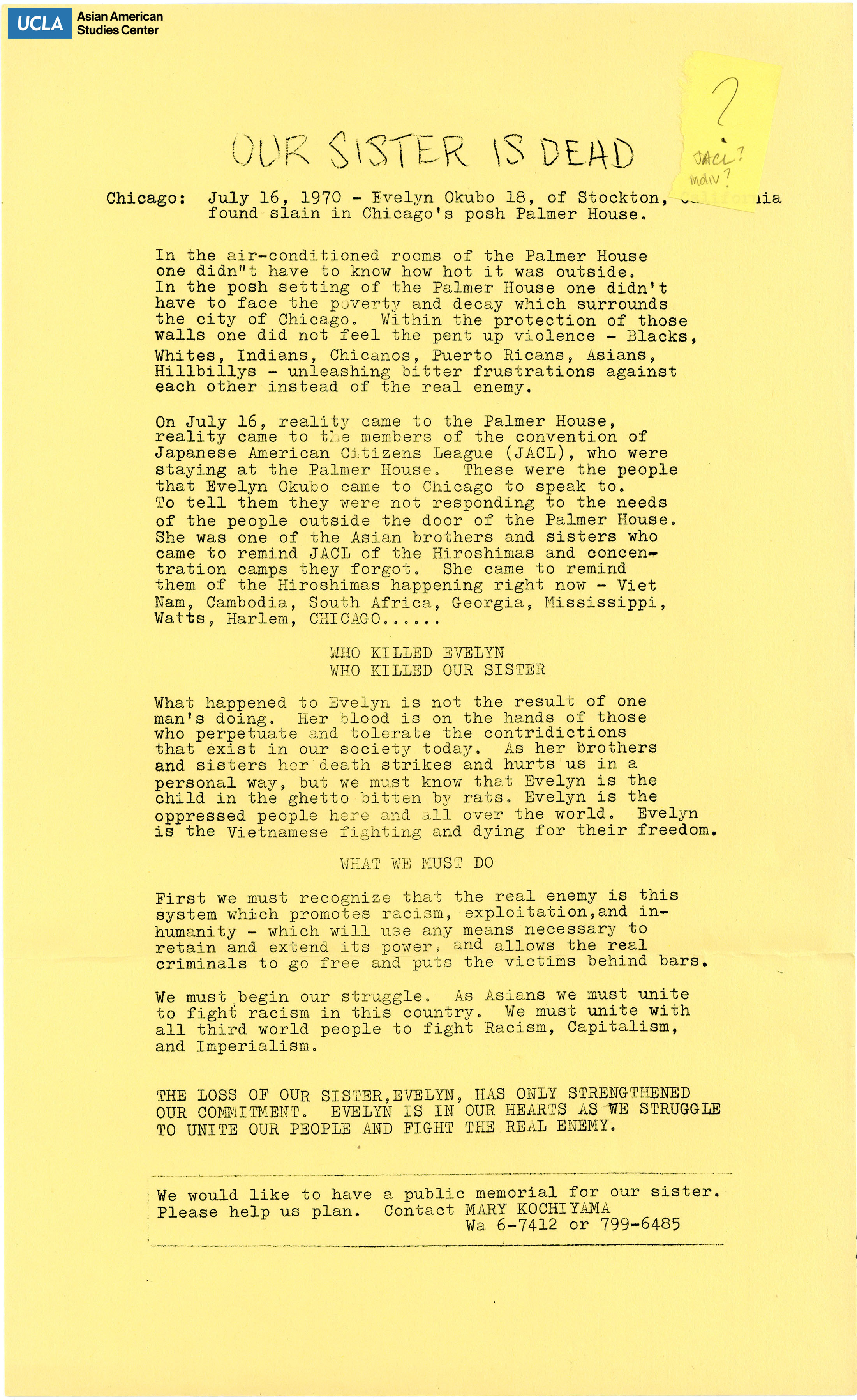 Flyer regarding the murder of Evelyn Okubo at the Palmer House during a Japanese American Citizens League convention.