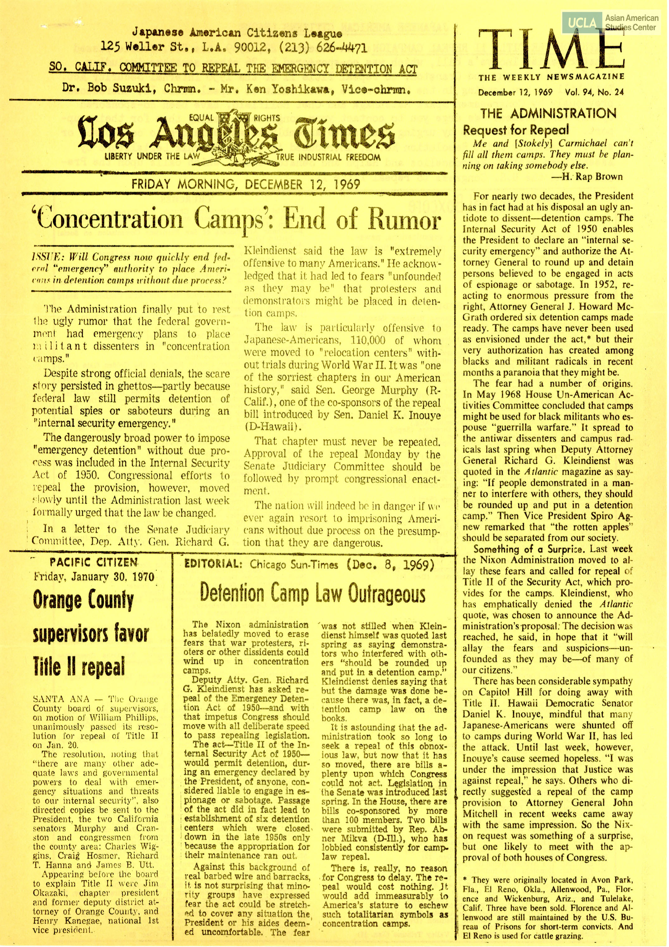 Various newspaper clippings on the repeal of the Emergency Detention Act.