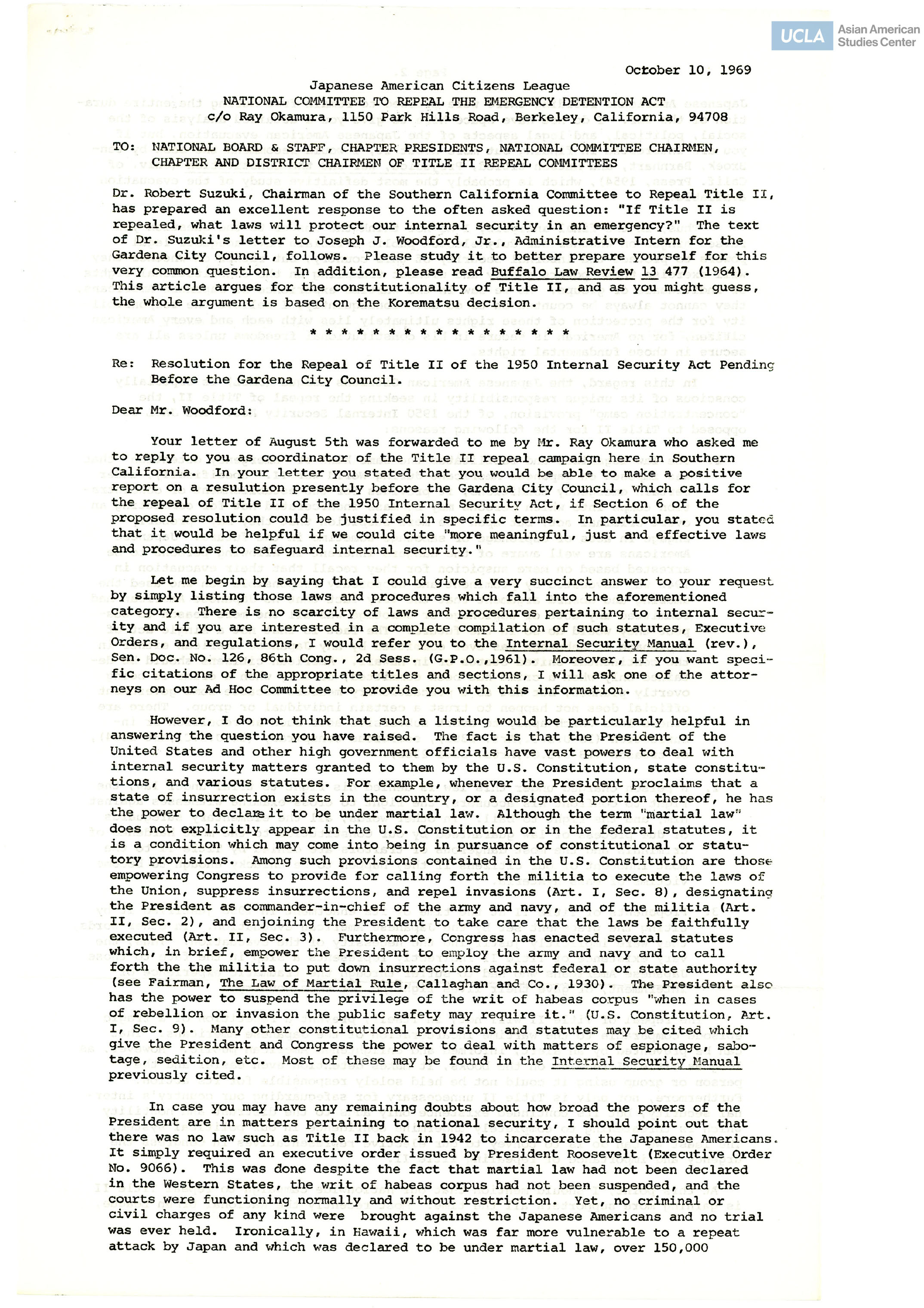 Letter addressed to Joseph Woodward on the repeal campaign of Title II of the 1950 Internal Security Act.