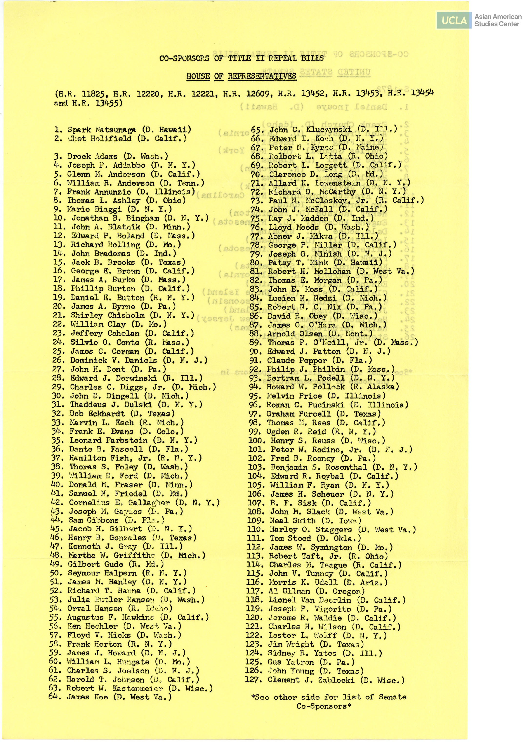 List regarding co-sponsors in the House of Representatives for the Title II repeal.