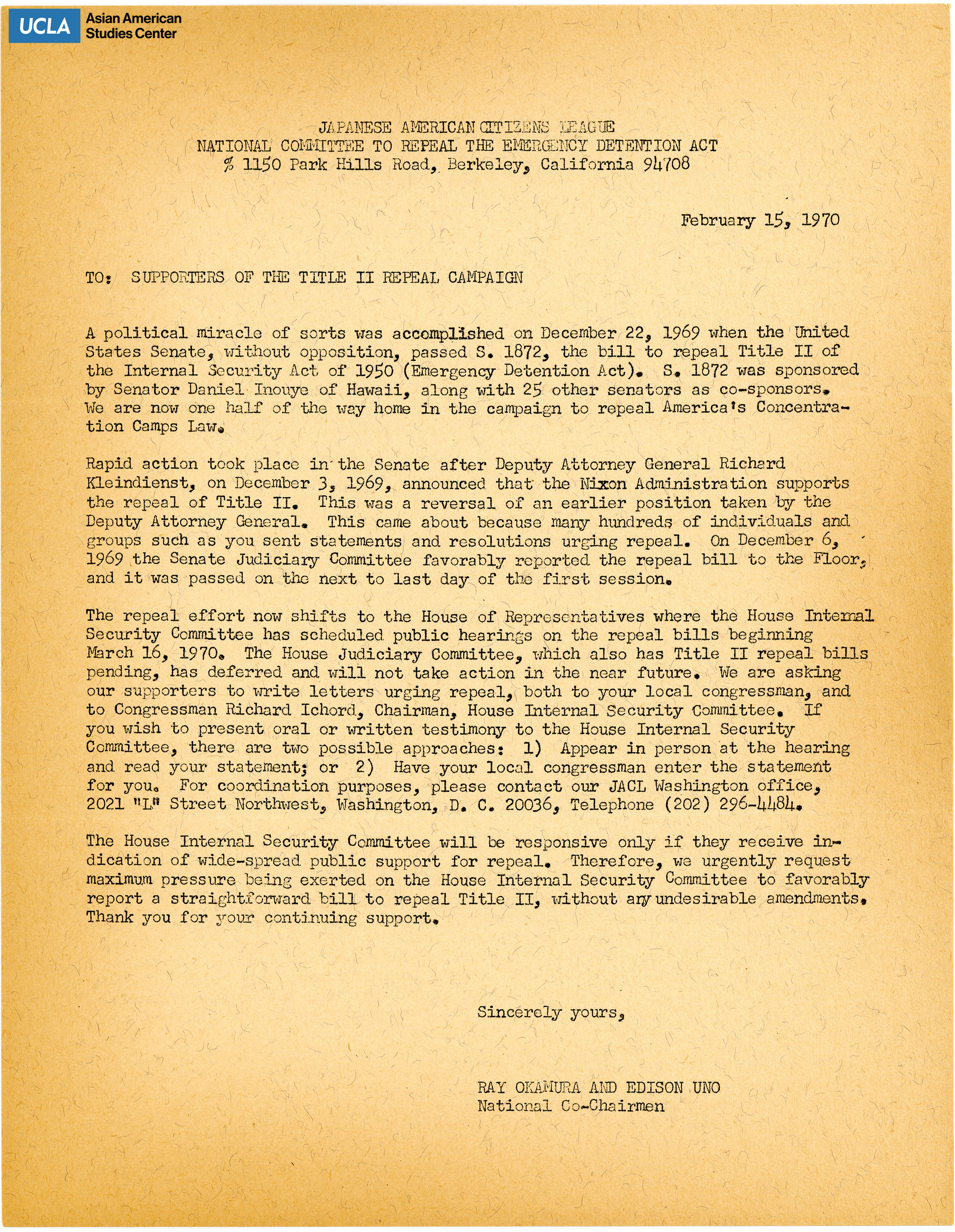 Letter regarding the United States Senate passing the repeal of Title II of the Internal Scurity Act of 1950 (Emergency Detention Act).