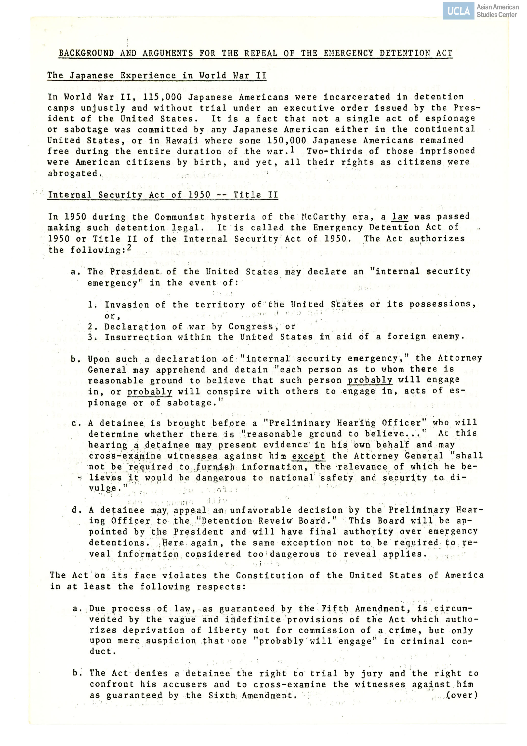 Leaflet regarding a brief history of Japanese Americans, Internal Security Act of 1950, and the repeal of the Emergency Detention Act.