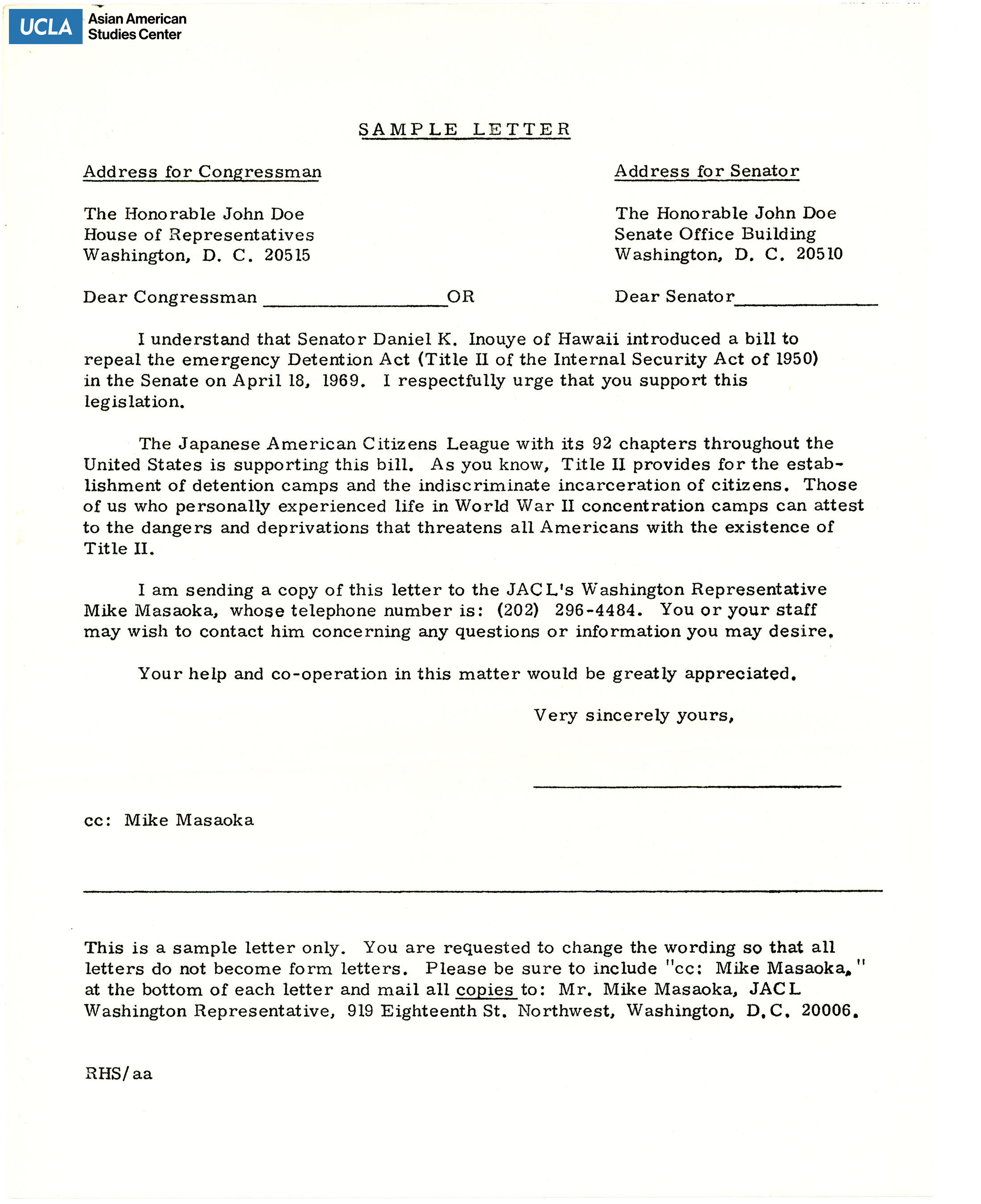 Template letter regarding the repeal of Title II of the Internal Security Act of 1950.