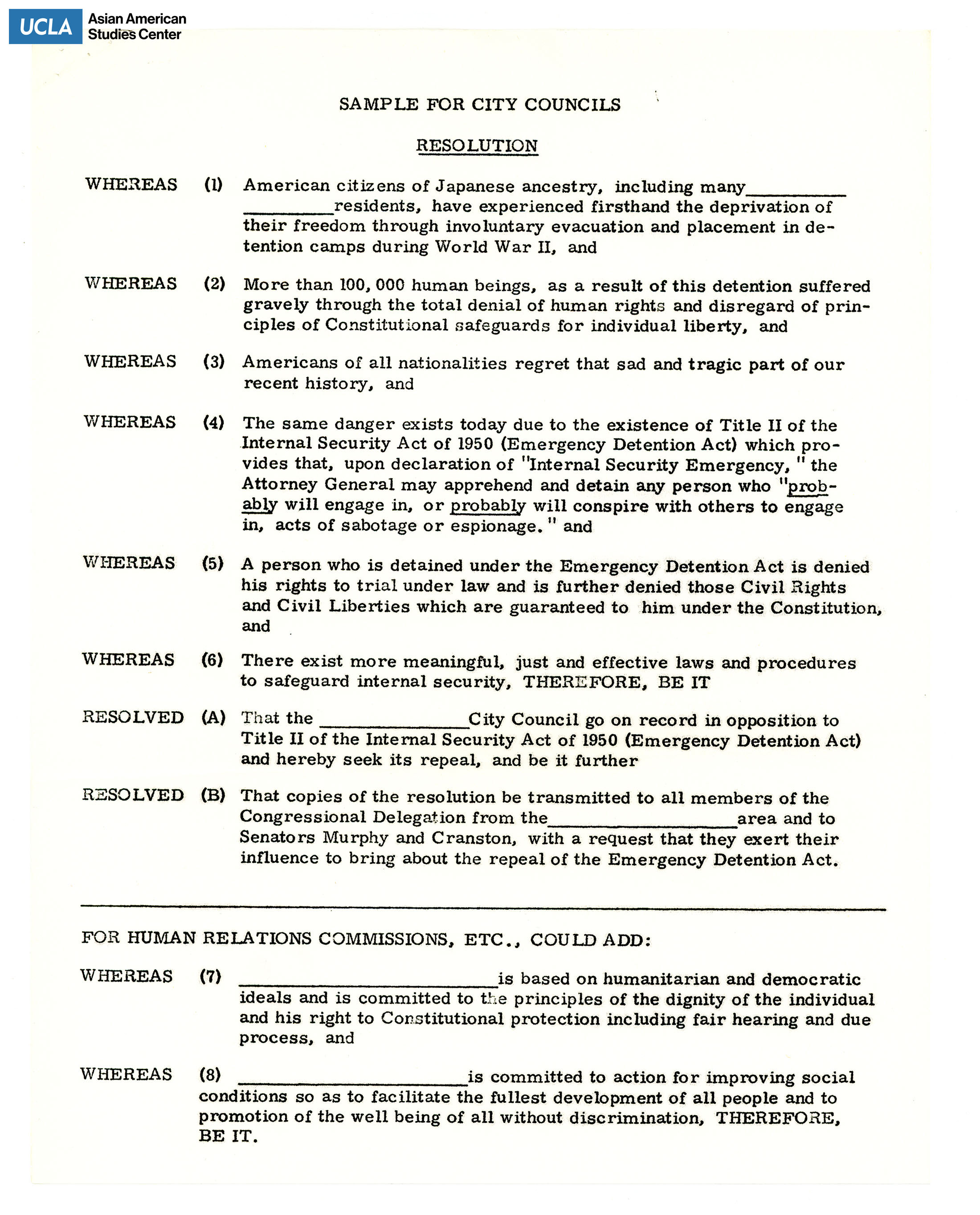 Template speech for city councils on the repeal of Title II of the Internal Security Act of 1950.