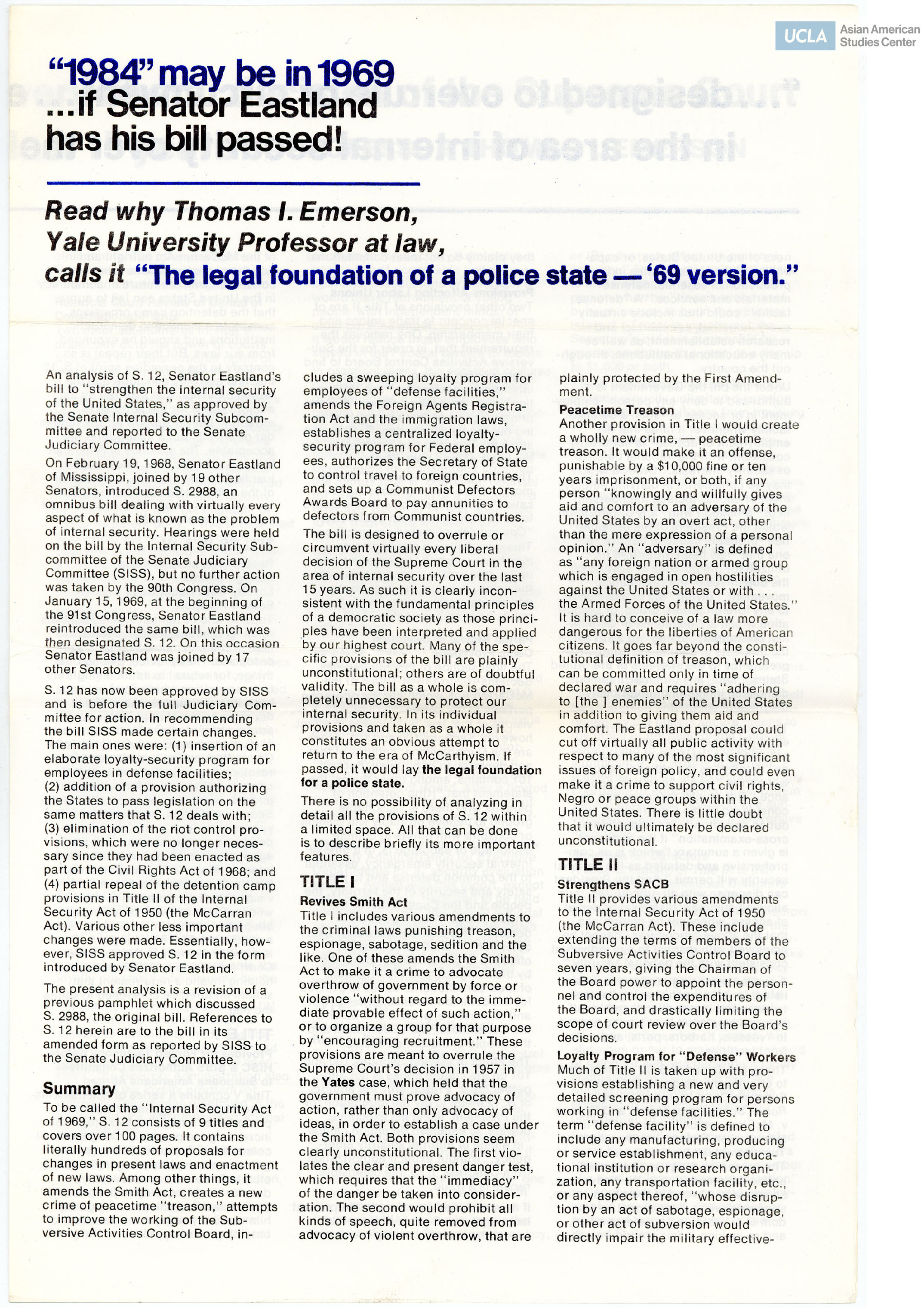 Leaflet regarding an authoritative analysis from Professor Thomas I. Emerson on the United States House Bills.