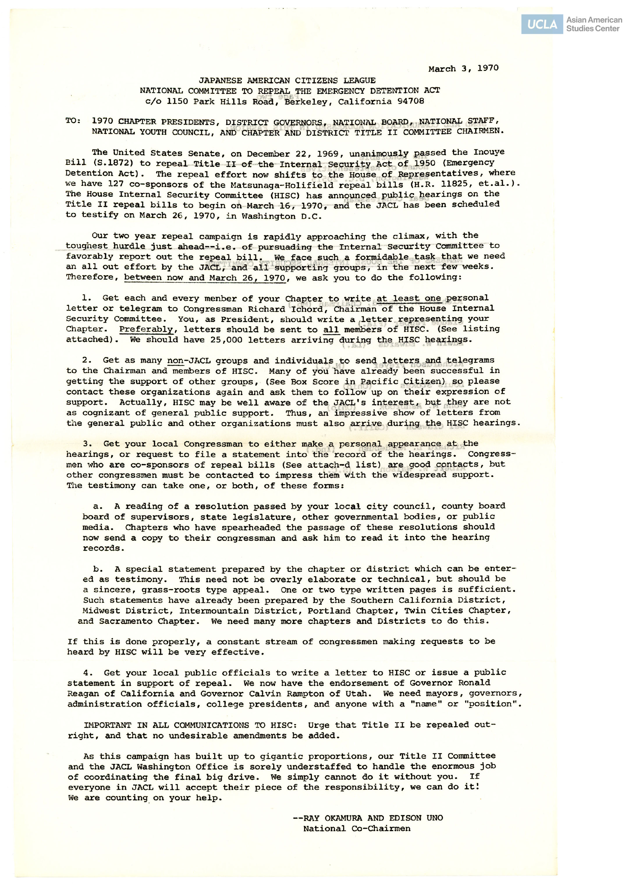 Statement addressed by Ray Okamura and Edison Uno, JACL National Co-Chairmen, on the passing of Title II