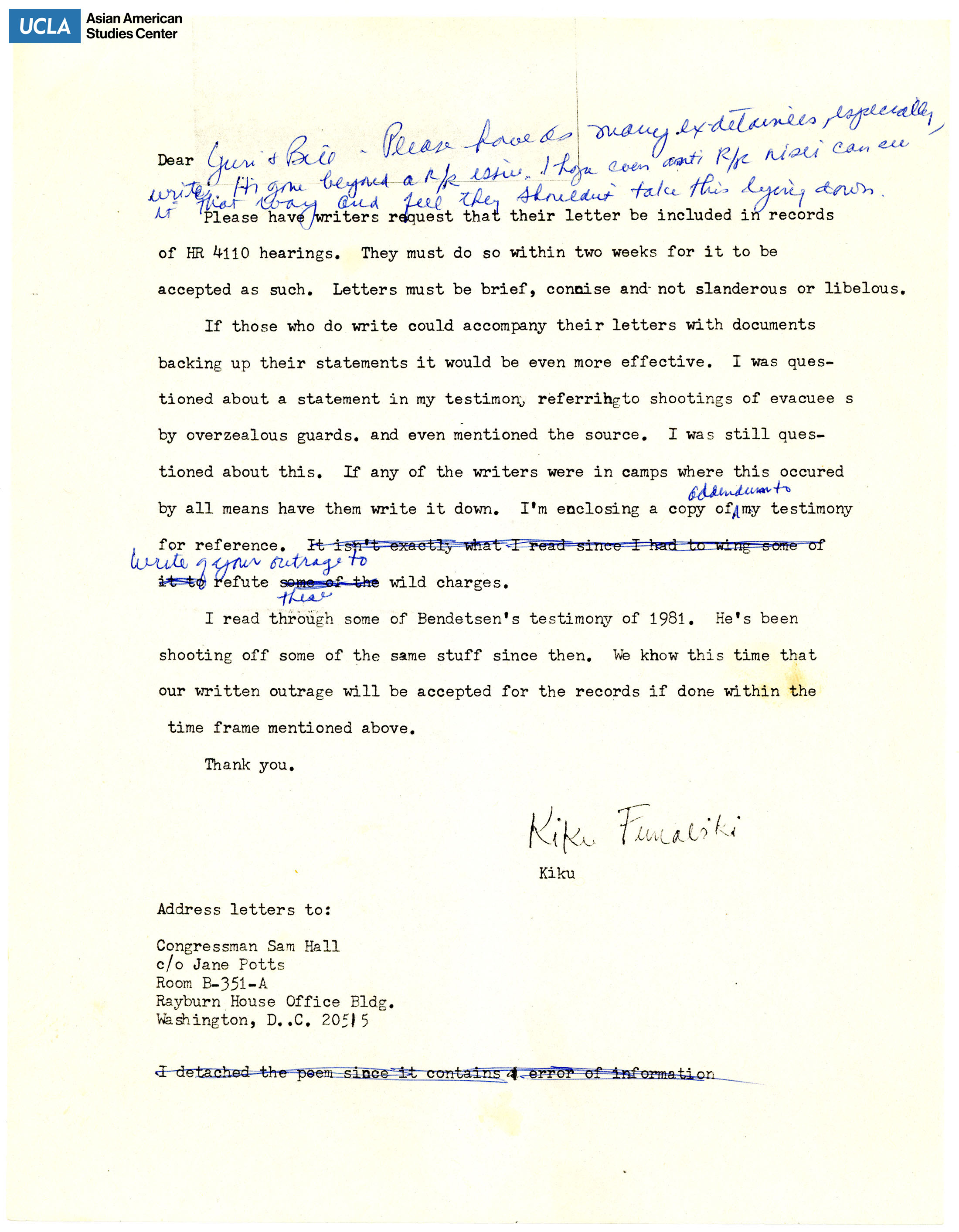 Letter addressed to Yuri and Bill Kochiyama on writers request for HR 4110.
