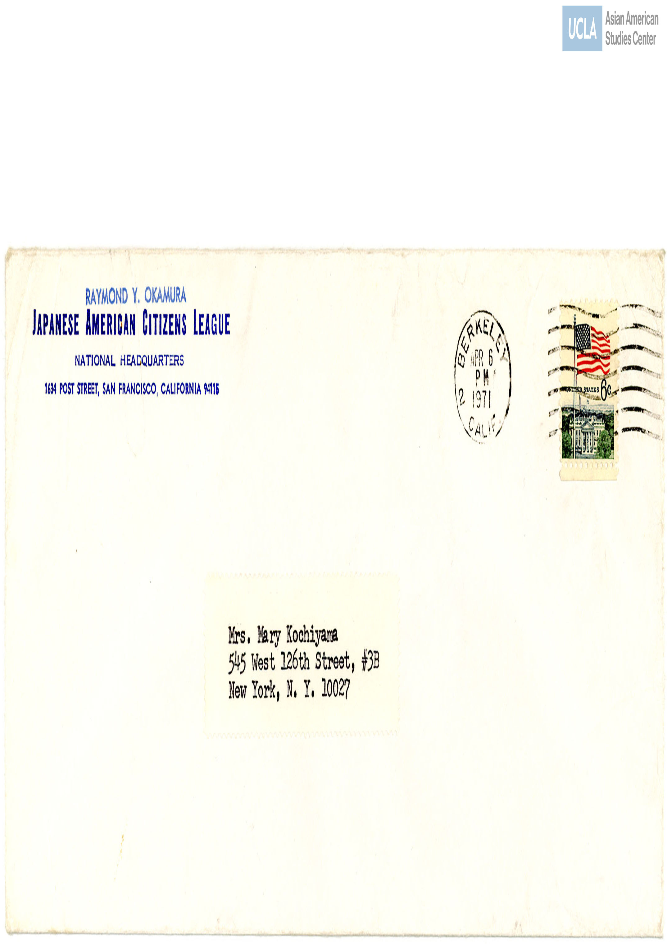Envelope addressed to Yuri Kochiyama. Postmarked on April 6, 1971.