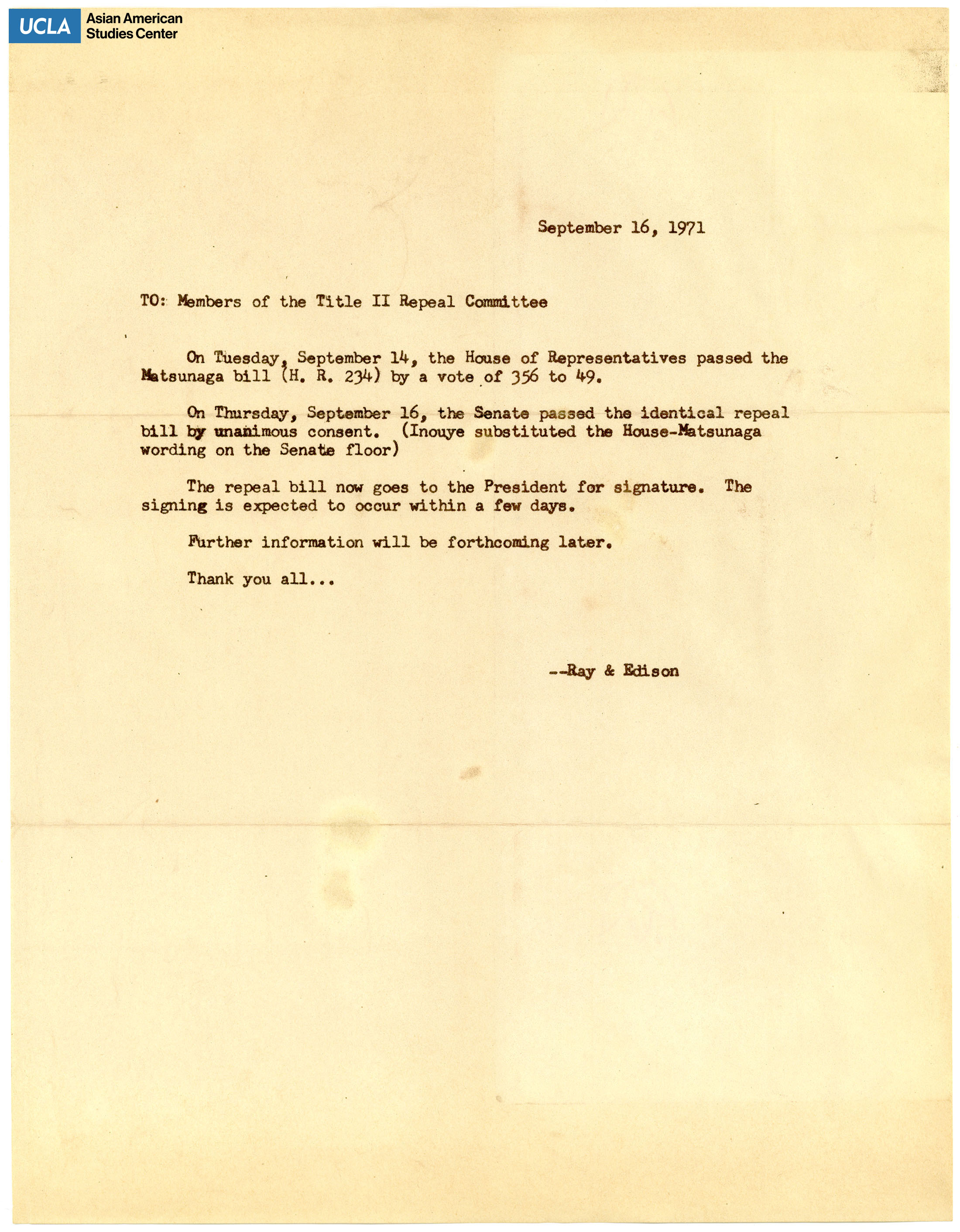 Letter regarding the passing of the repeal in Title II of the Internal Security Act.