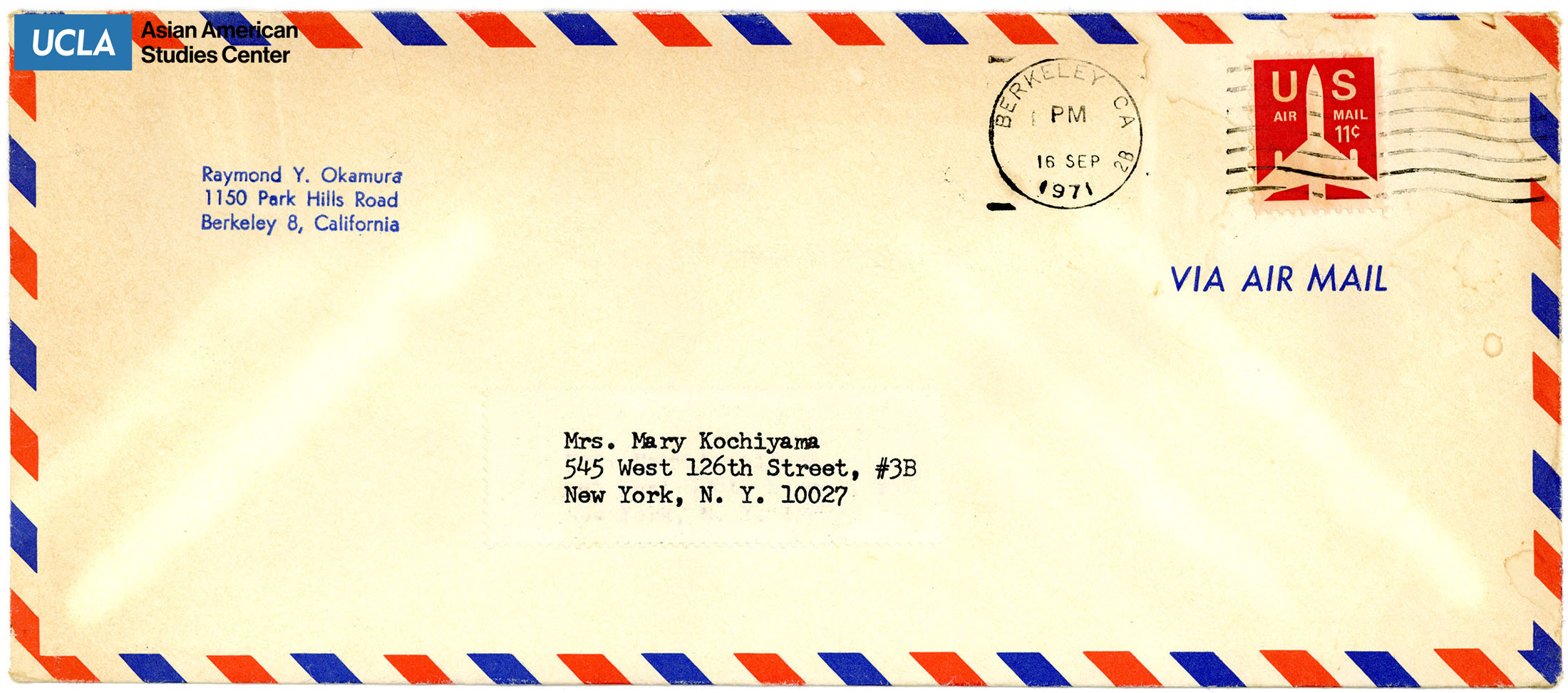 Envelope addressed to Yuri Kochiyama. Postmarked on September 16, 1971.