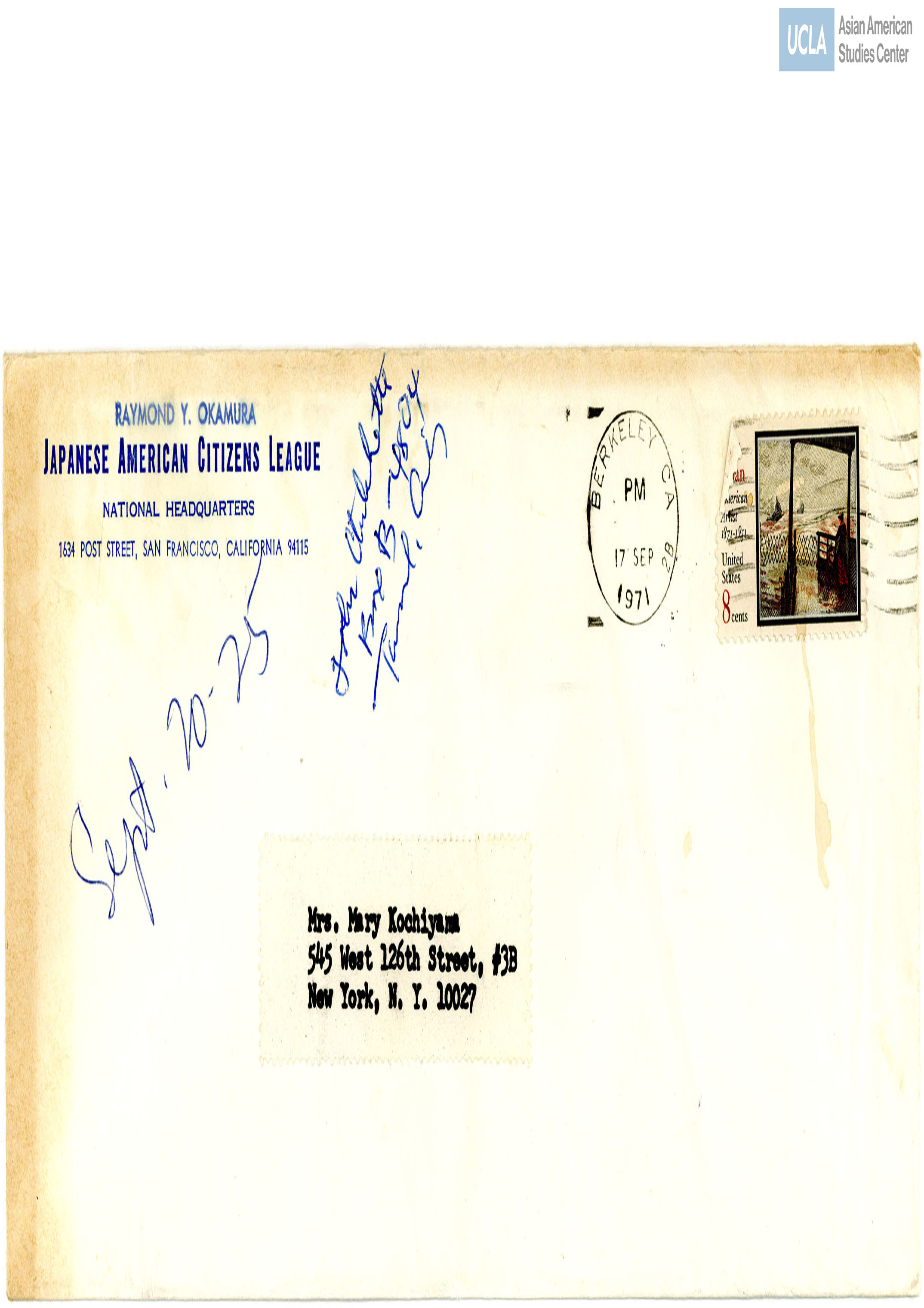 Envelope Addressed to Yuri Kochiyama. Postmarked on September 17, 1971.