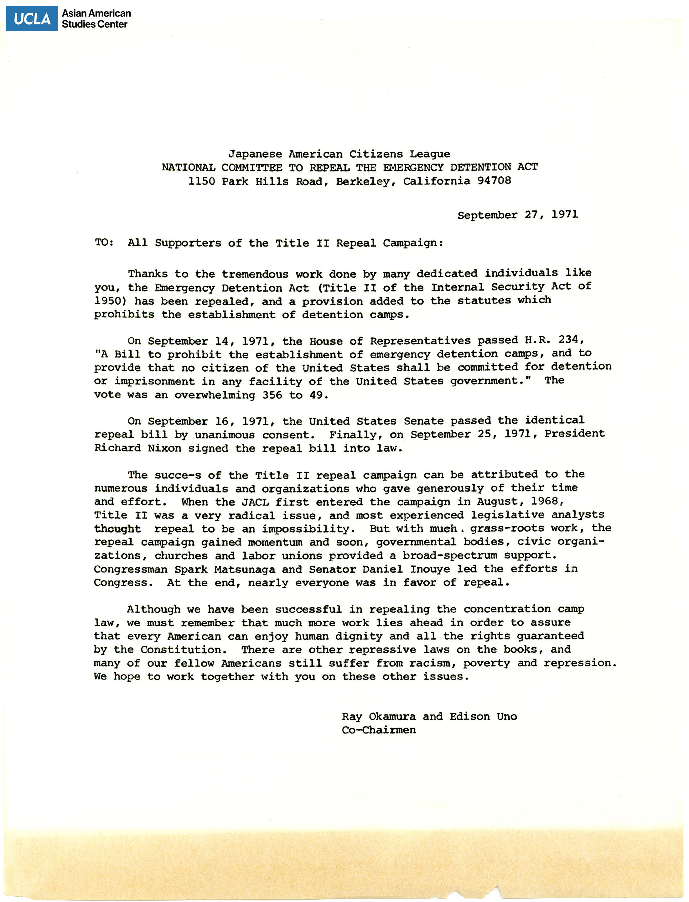 Letter regarding the successful repeal of Title II.