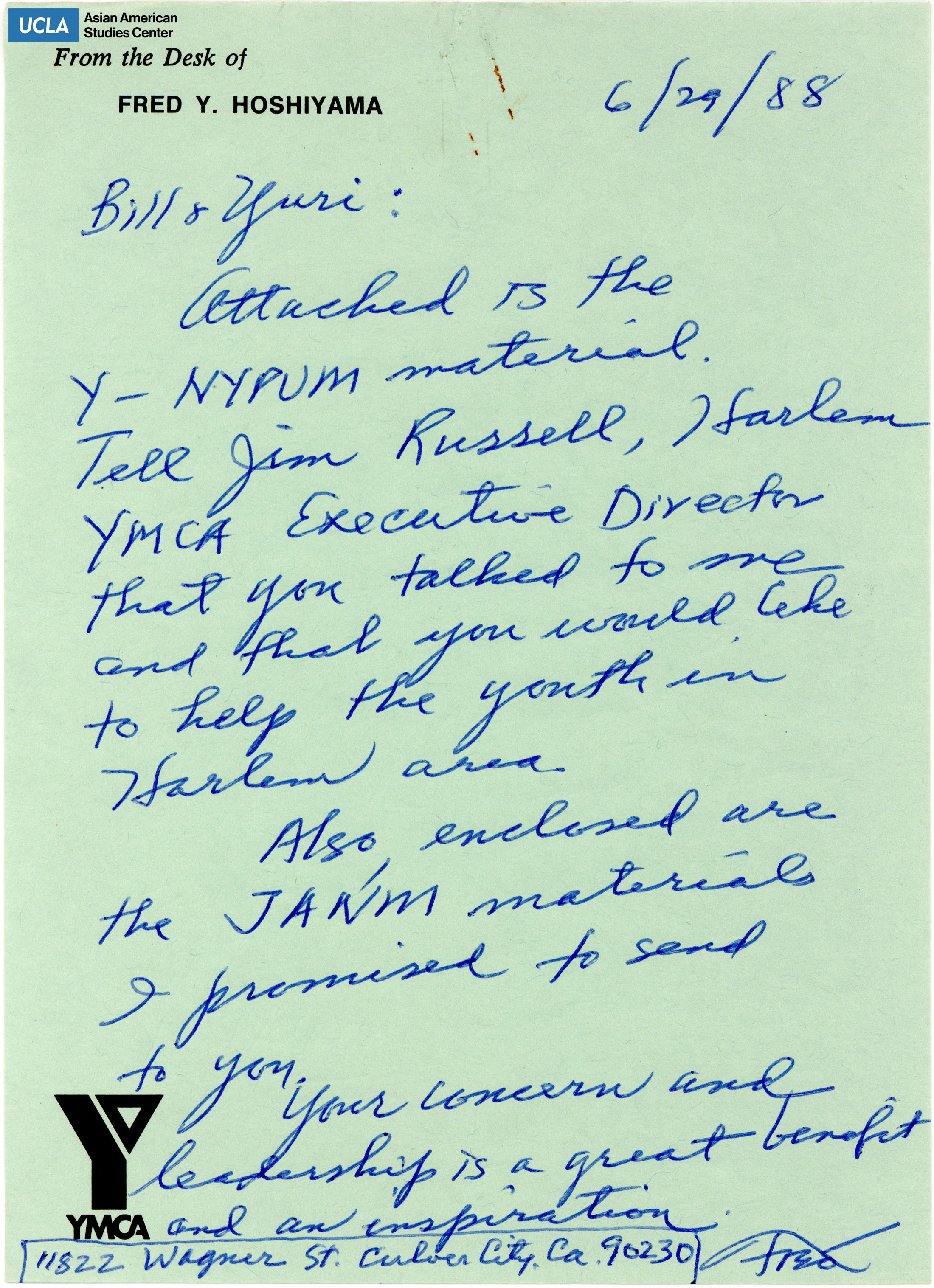 Letter regarding helping youth in the Harlem, New York area. Includes Japanese American National Museum material.