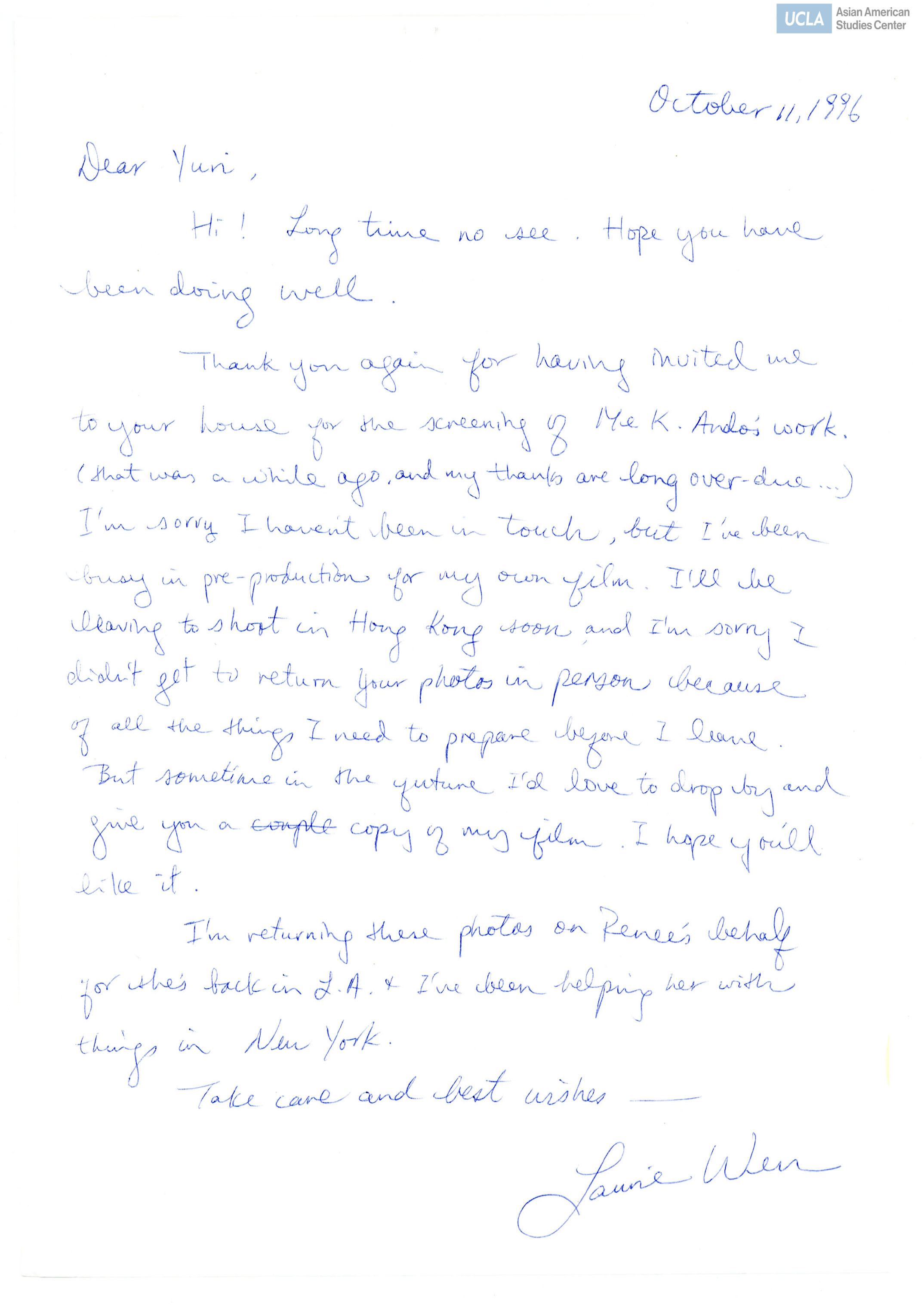 Letter of thanks and the return of a black and white photograph of a woman and man in a slight embrace.