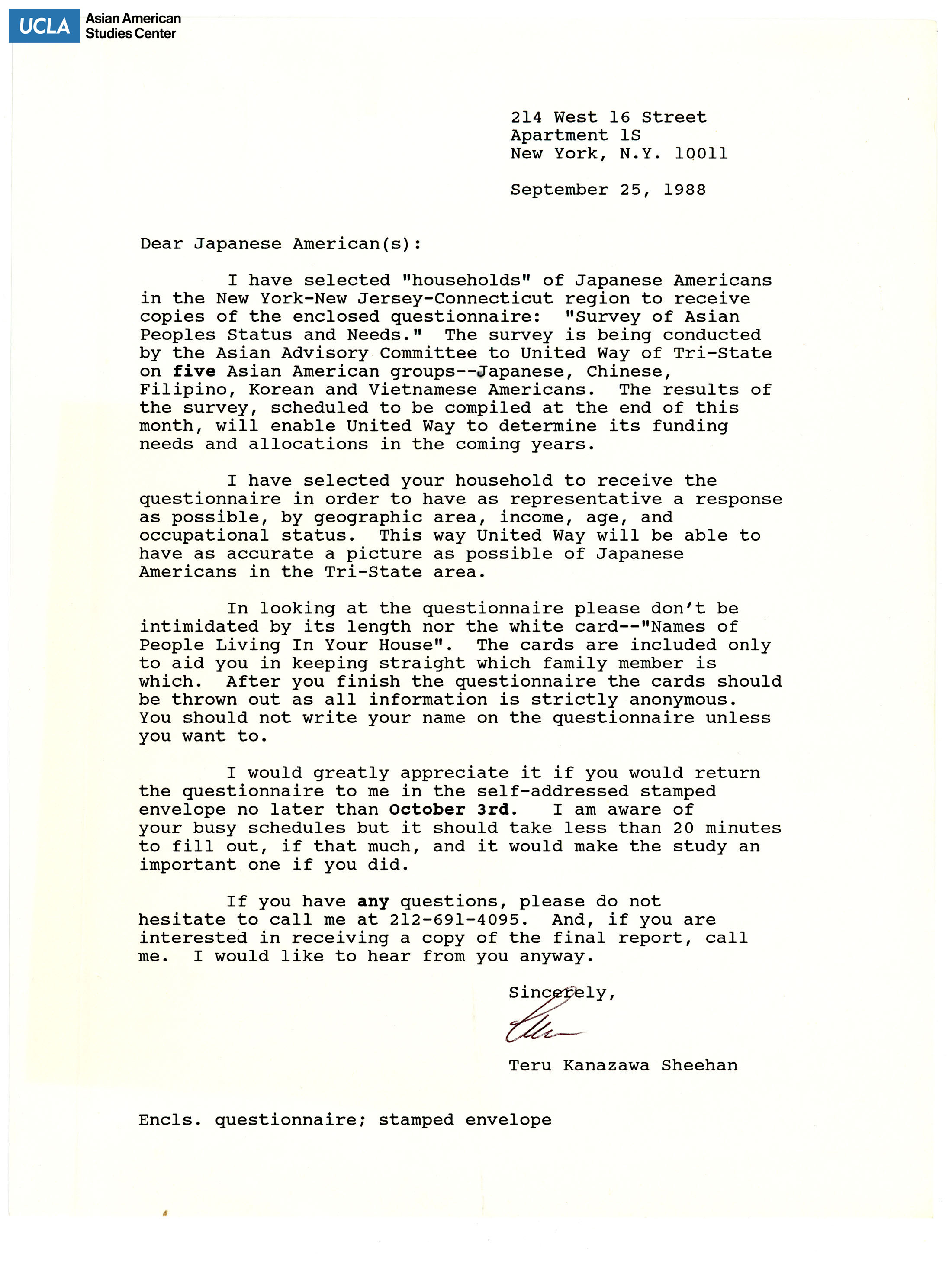 Letter regarding Japanese Americans in New York, New Jersey, Connecticut receiving a suvey. Survey is titled, 