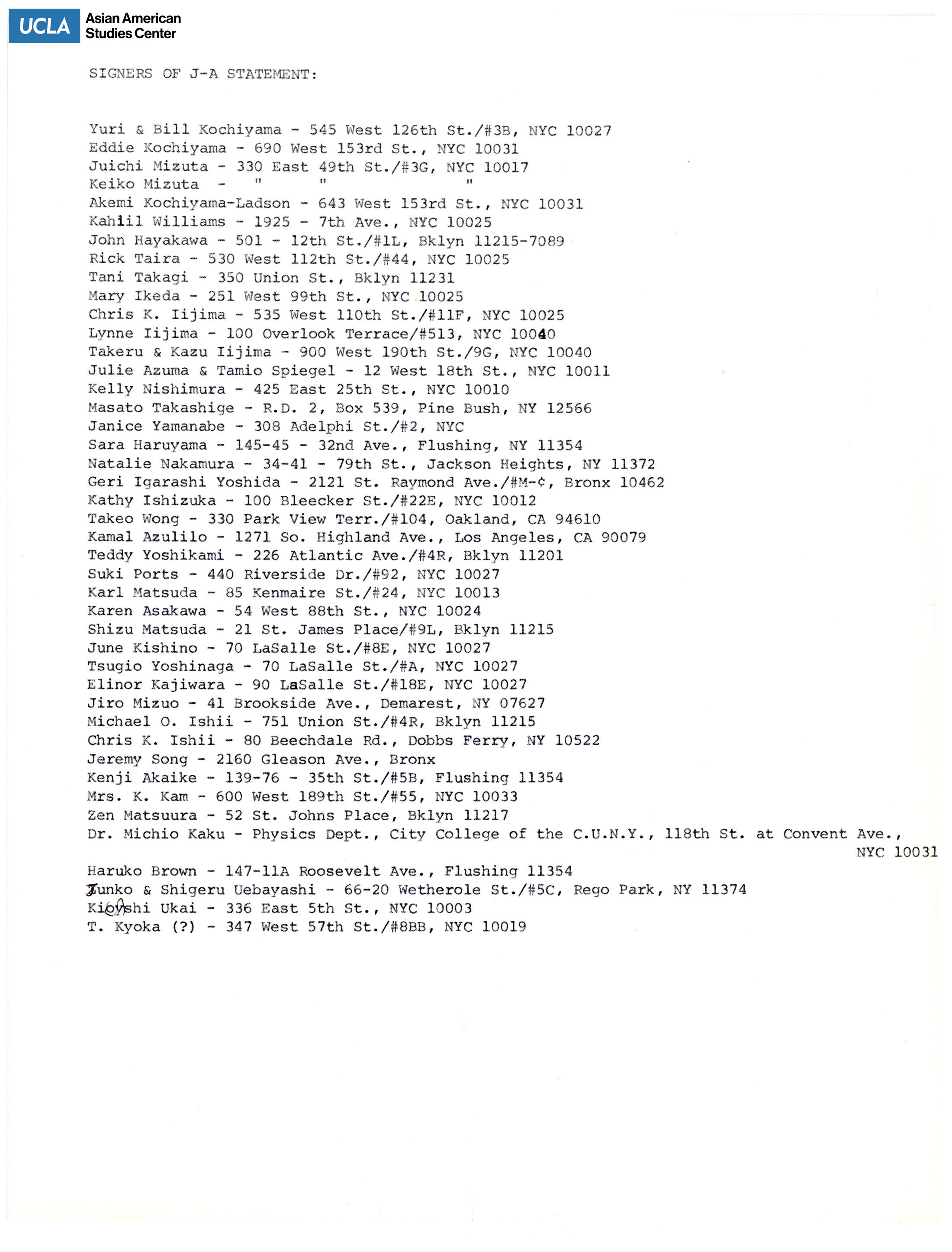 List of signers who are Japanese Americans.