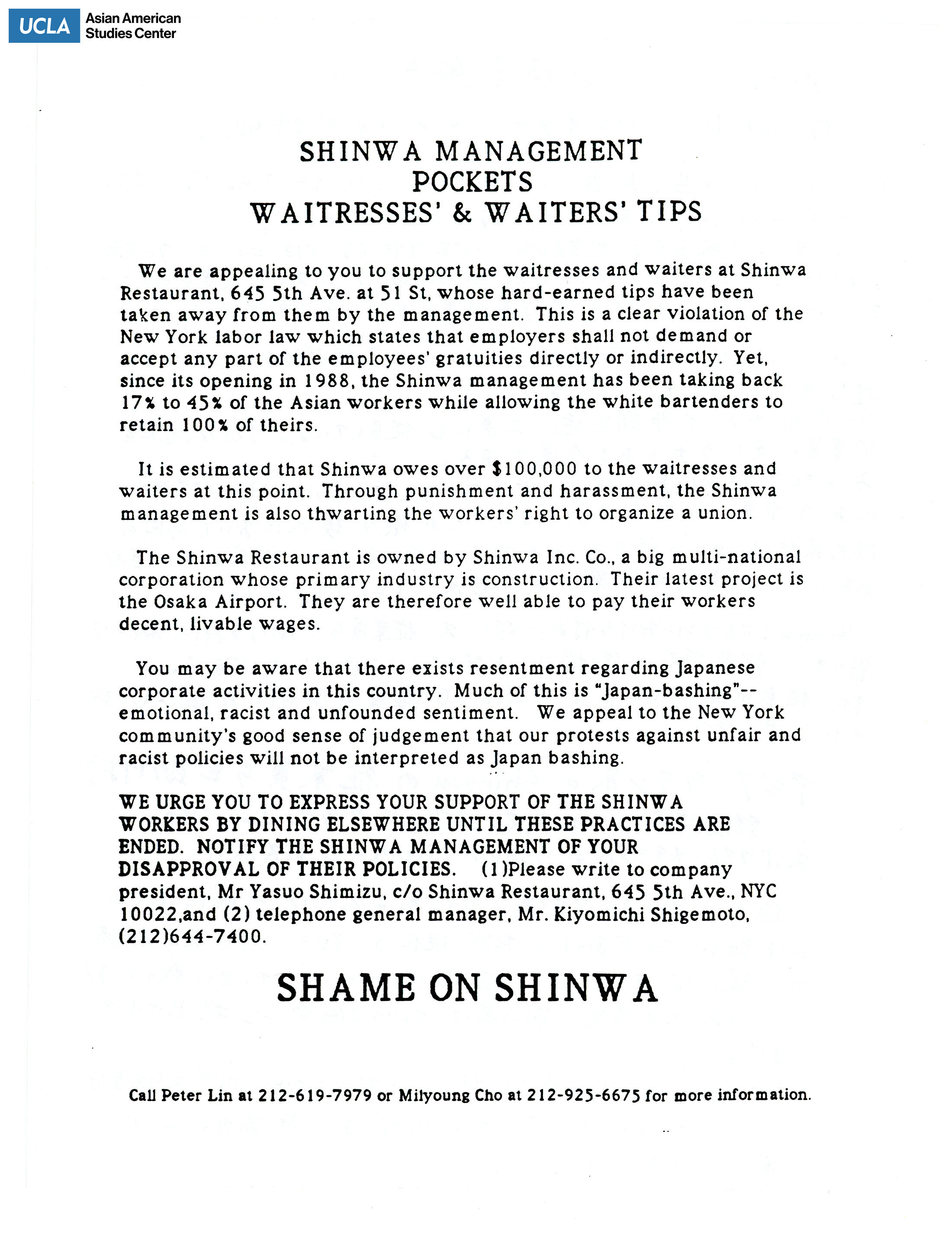 Flyer Regarding Shinwa management taking tips from servers at the restaurant.