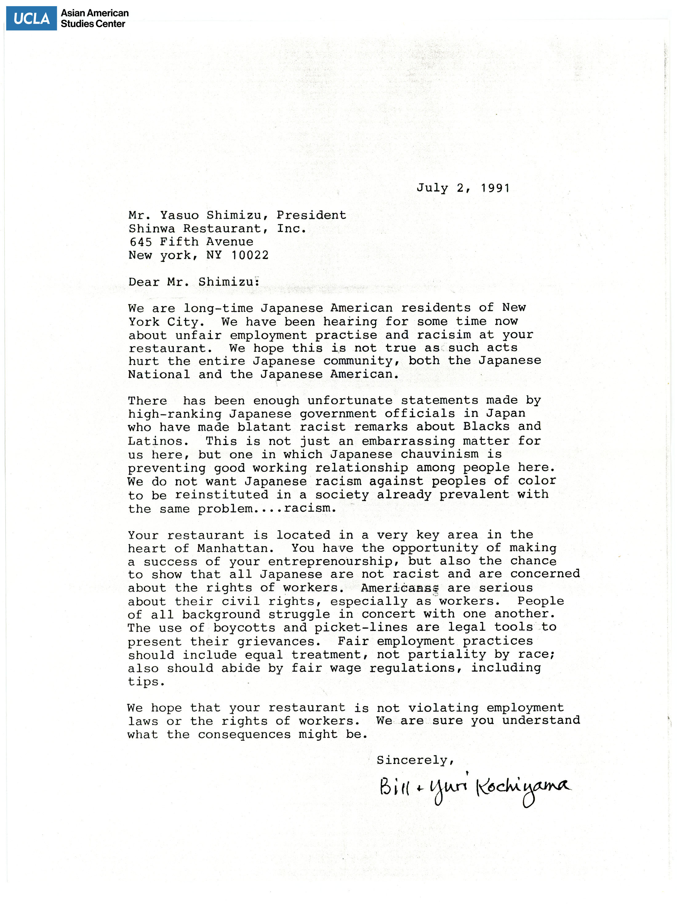 Letter addressed to Yasuo Shimizu, President, regarding unfair employment practices and racism within Shinwa restaurant.